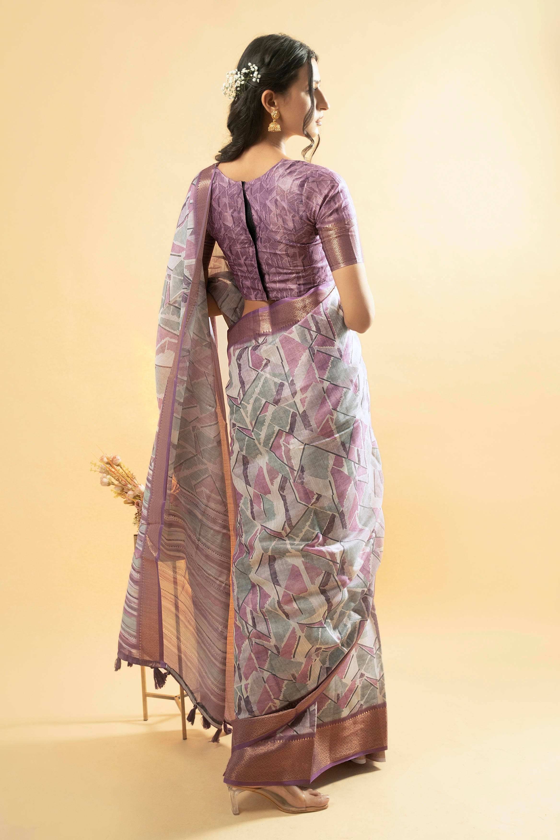 Lavender and Grey Abstract Geometric Print Saree with Copper Zari Border