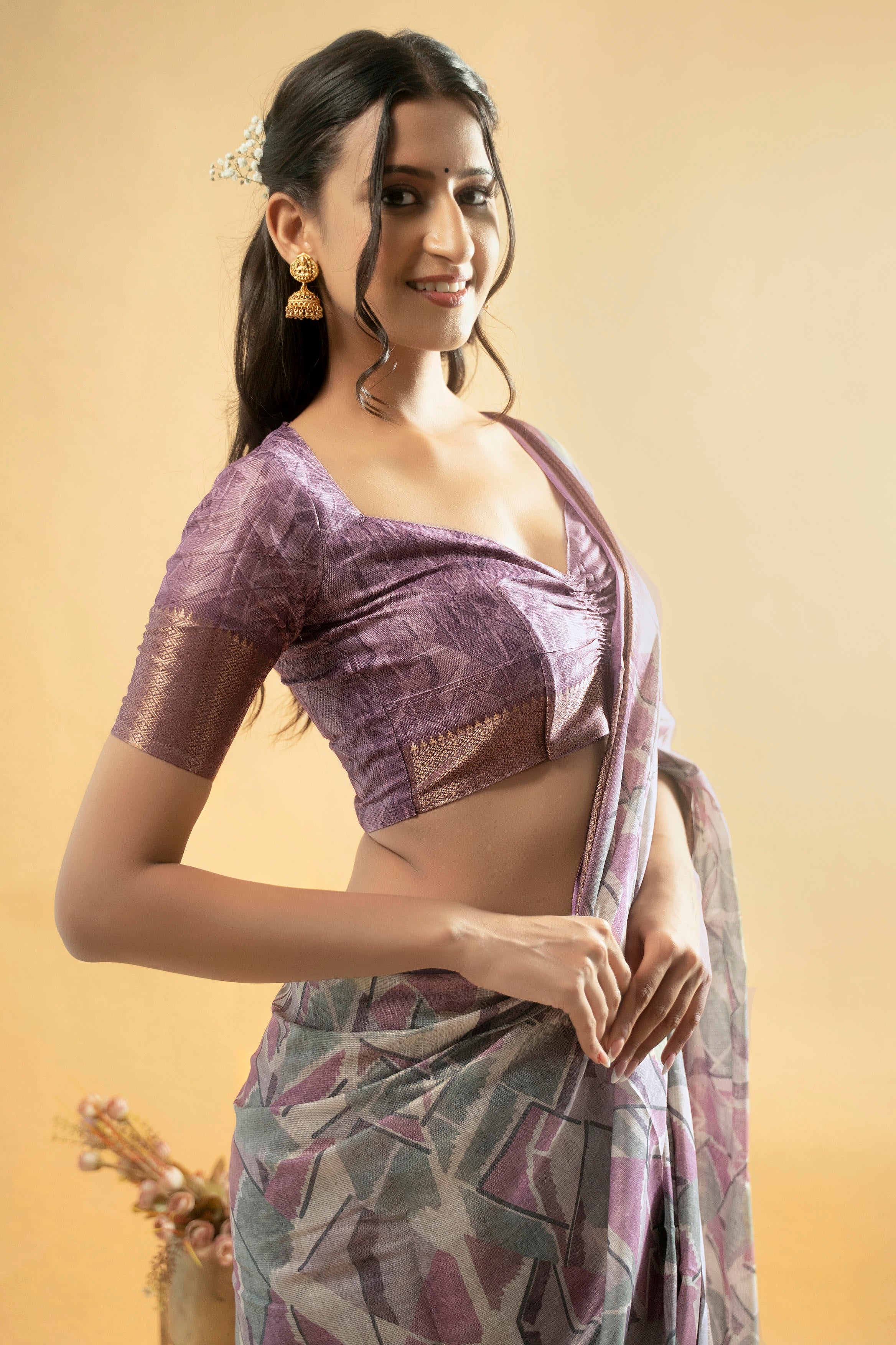 Lavender and Grey Abstract Geometric Print Saree with Copper Zari Border