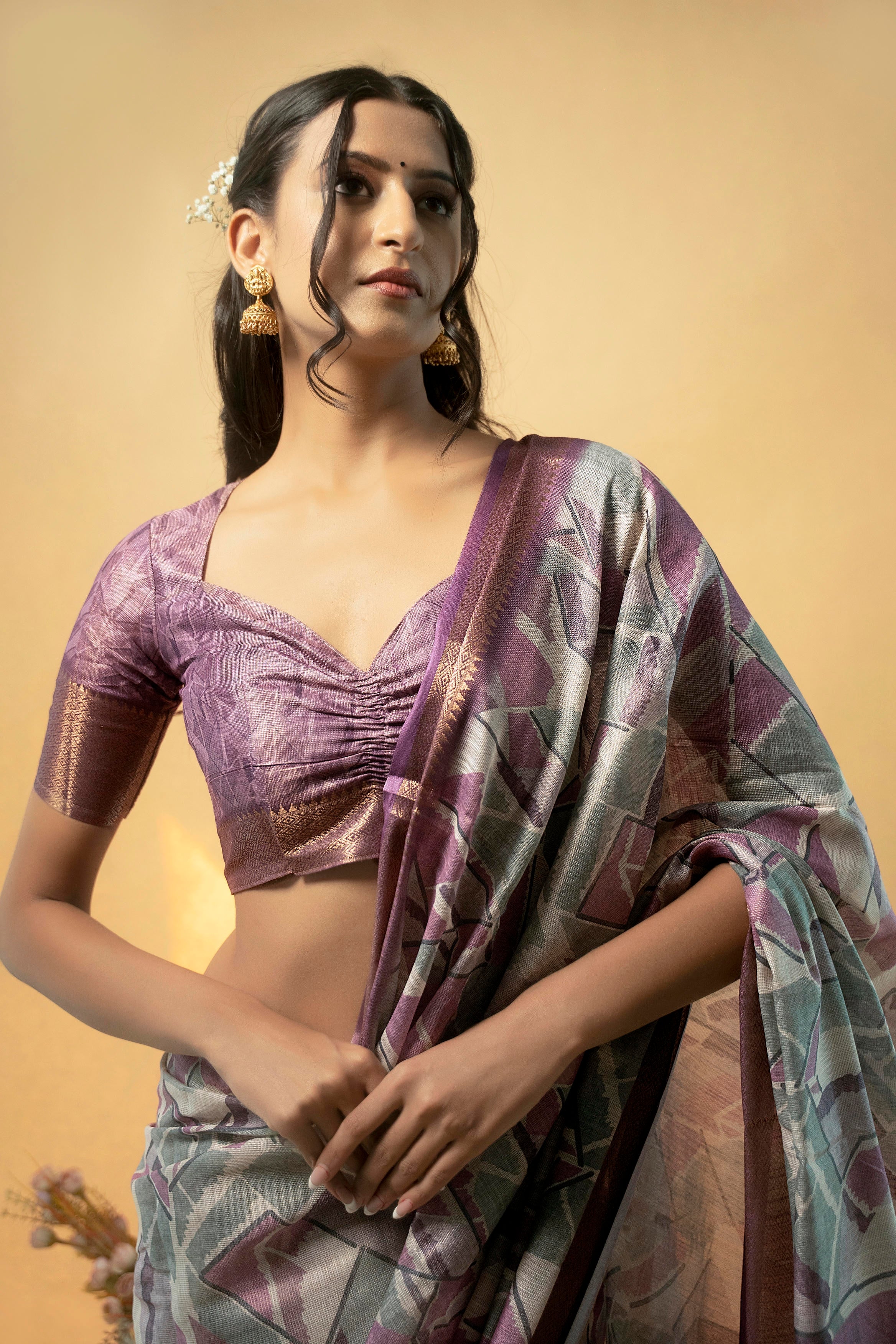 Lavender and Grey Abstract Geometric Print Saree with Copper Zari Border