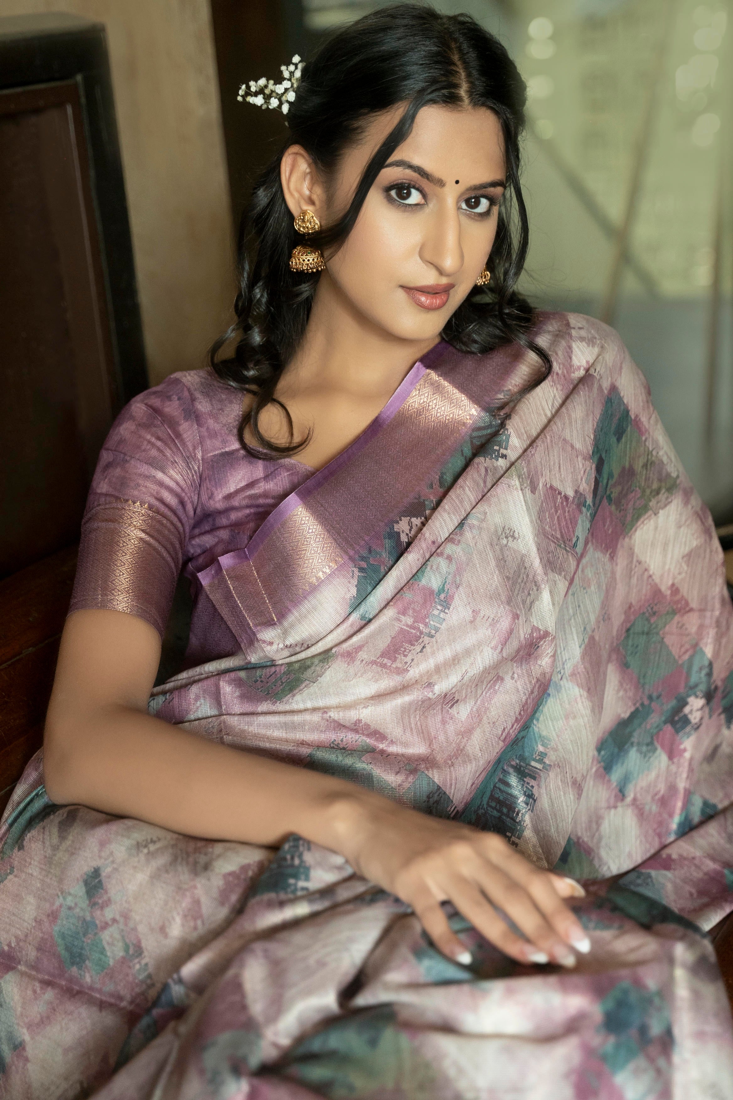 Lavender Abstract Print Saree with Rose-Gold Zari Border and Striped Pallu