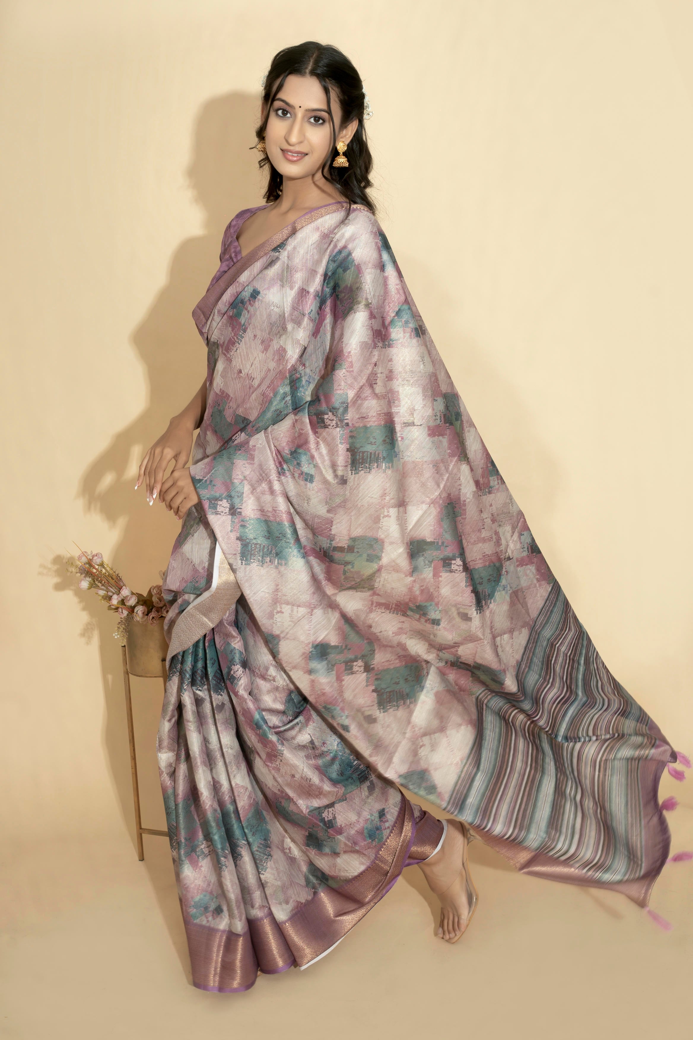Lavender Abstract Print Saree with Rose-Gold Zari Border and Striped Pallu