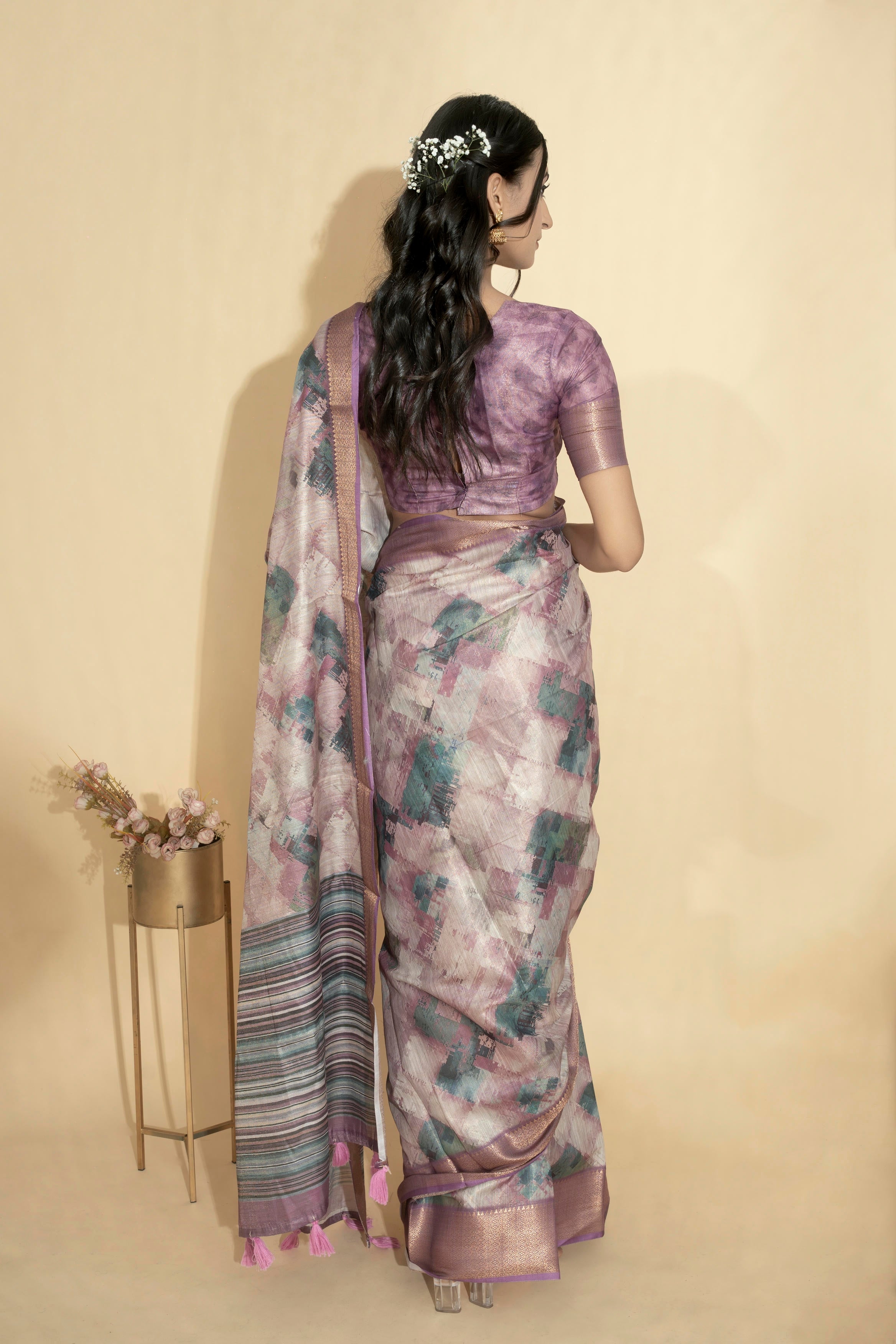 Lavender Abstract Print Saree with Rose-Gold Zari Border and Striped Pallu