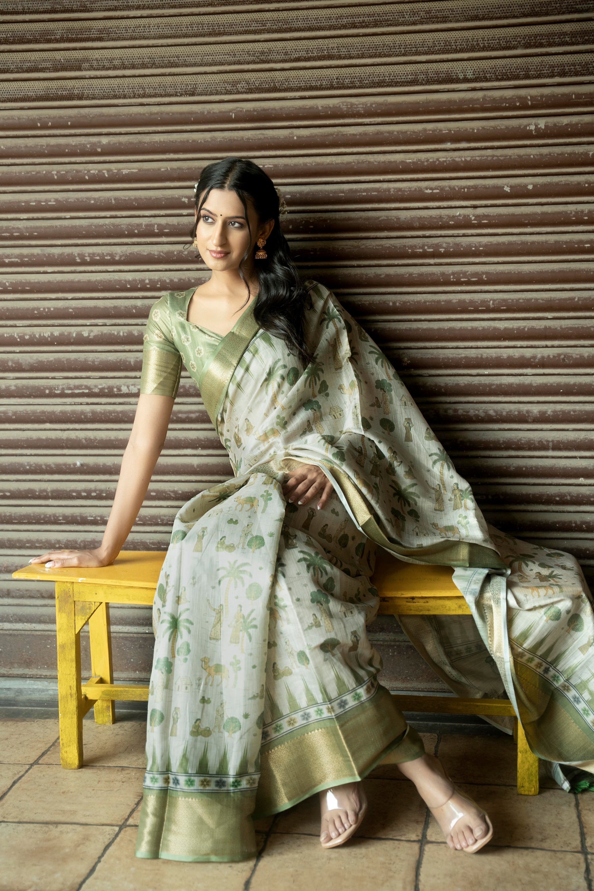Sage Green and Cream Village Life Illustrative Saree with Antique Gold Zari Border