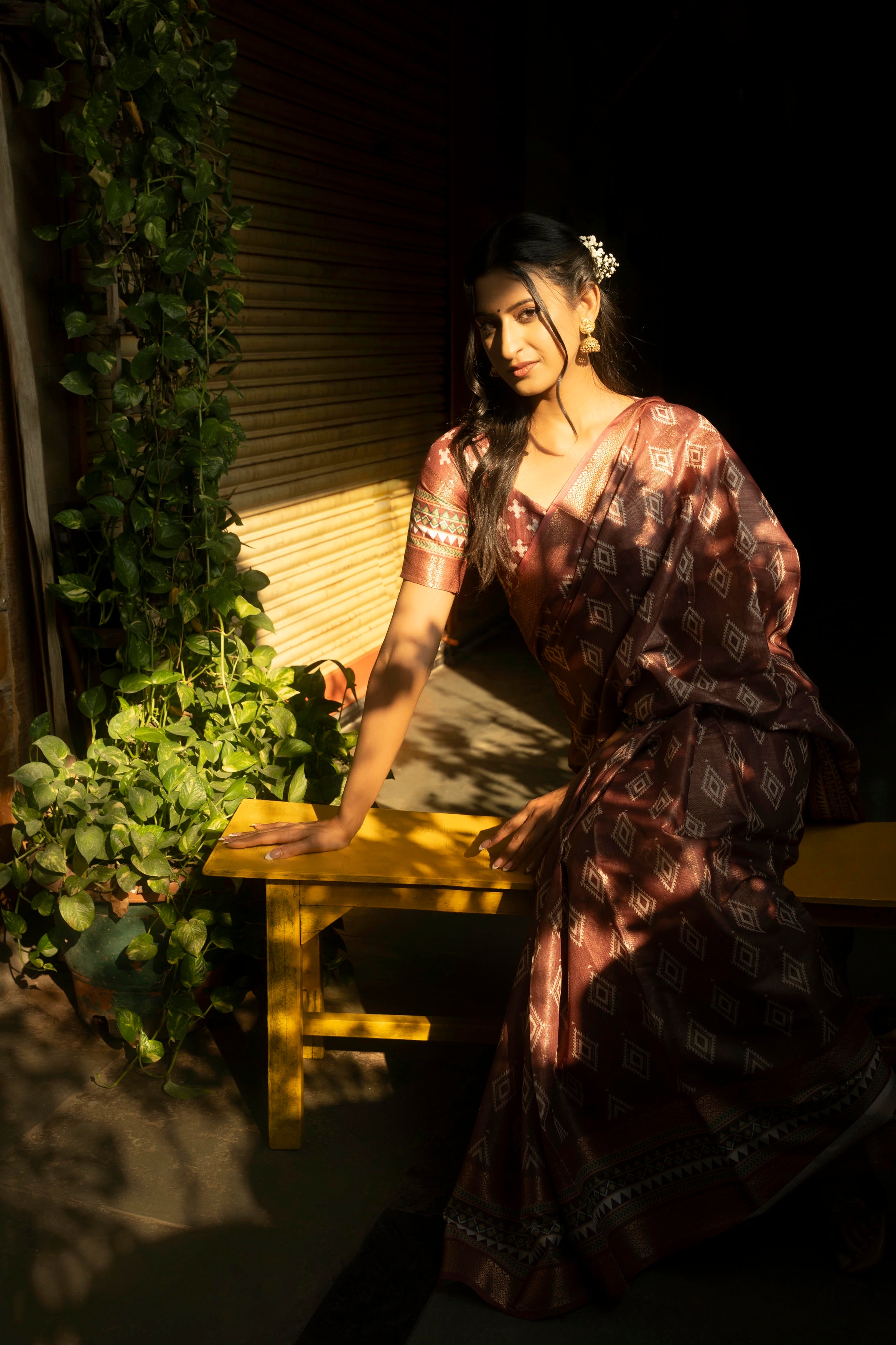 Mauve Mosaic Abstract Print Saree with Rose Gold Zari Border