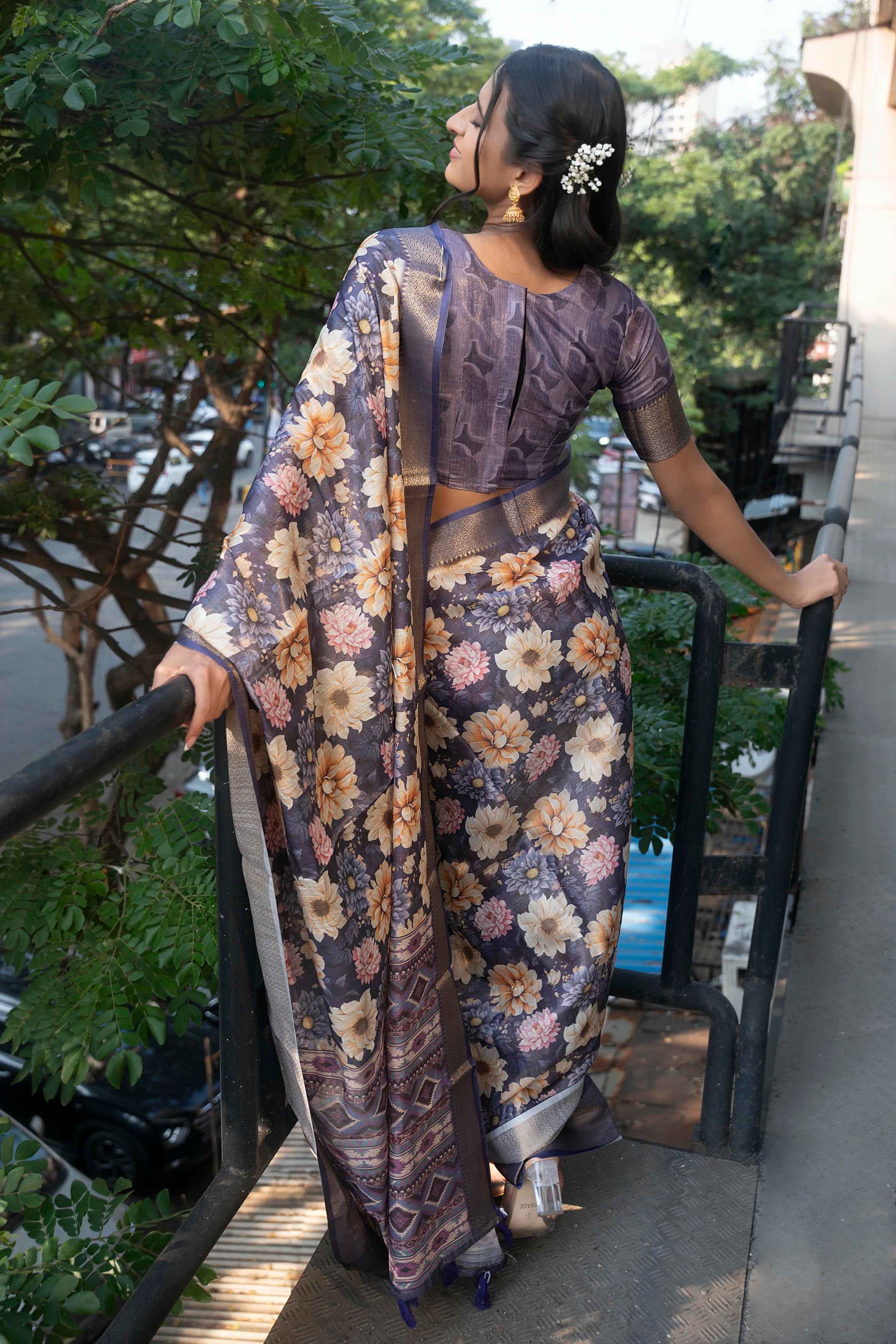 Mauve Floral Print Saree with Antique Gold Zari Border