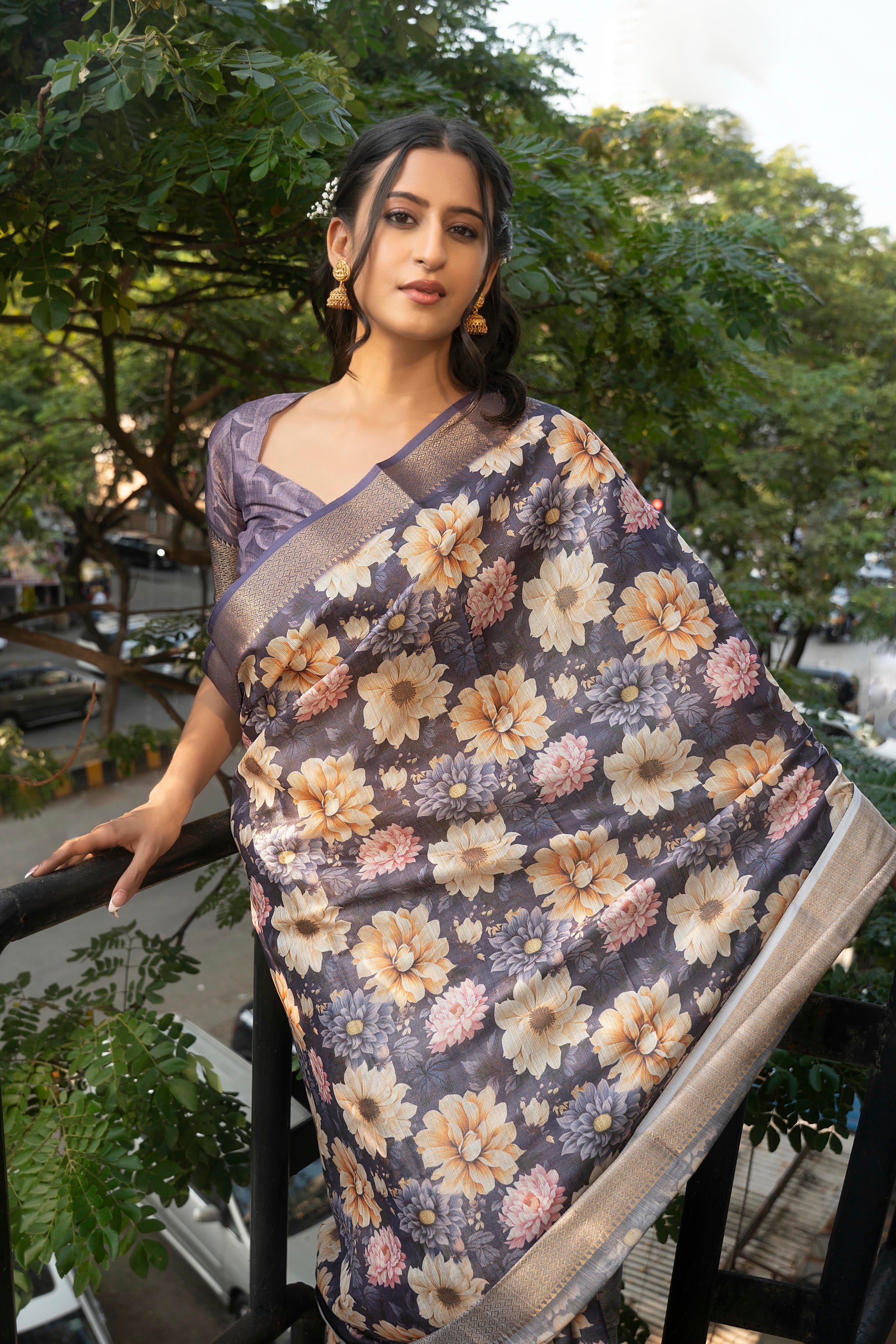 Mauve Floral Print Saree with Antique Gold Zari Border