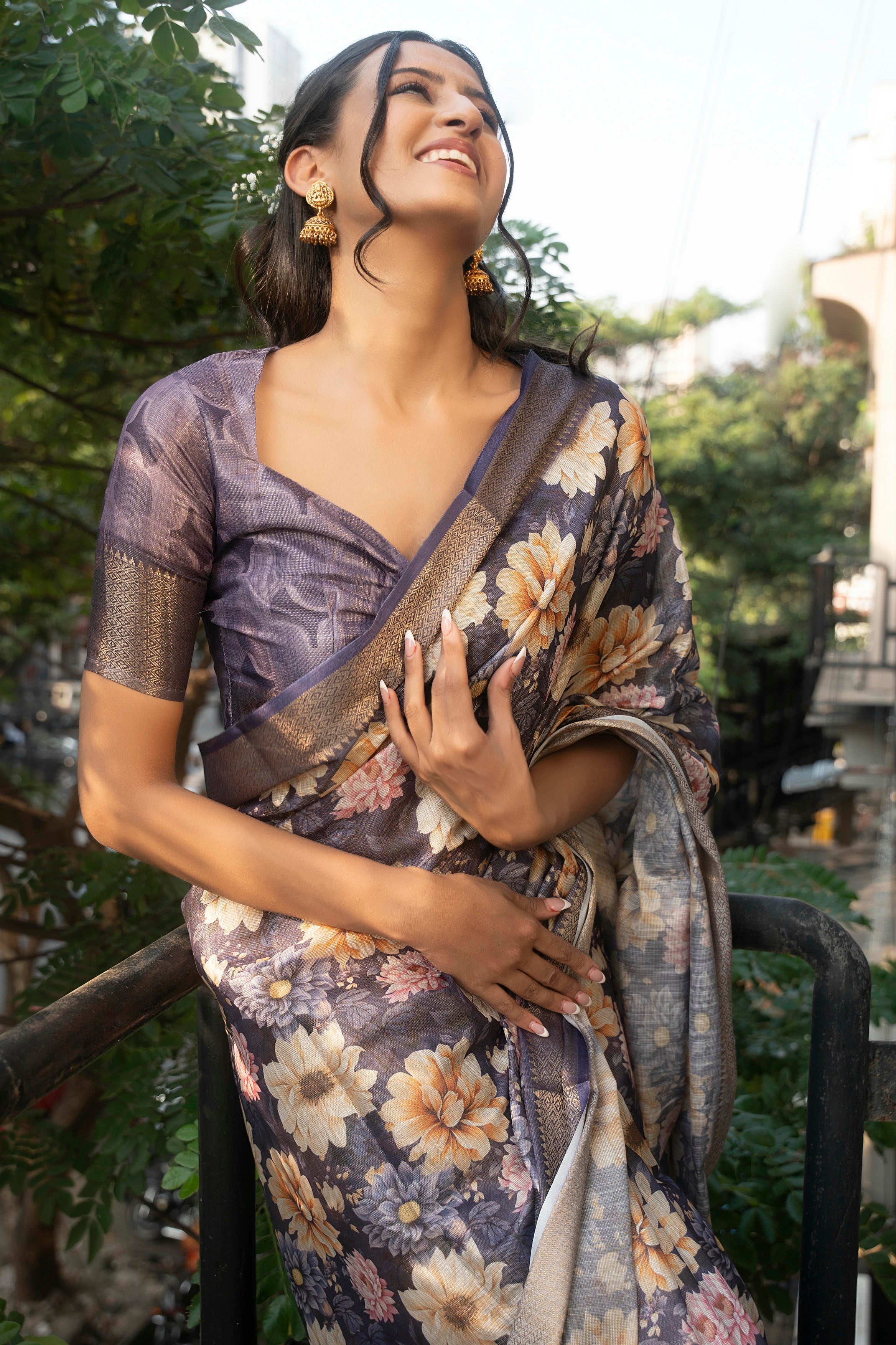 Mauve Floral Print Saree with Antique Gold Zari Border