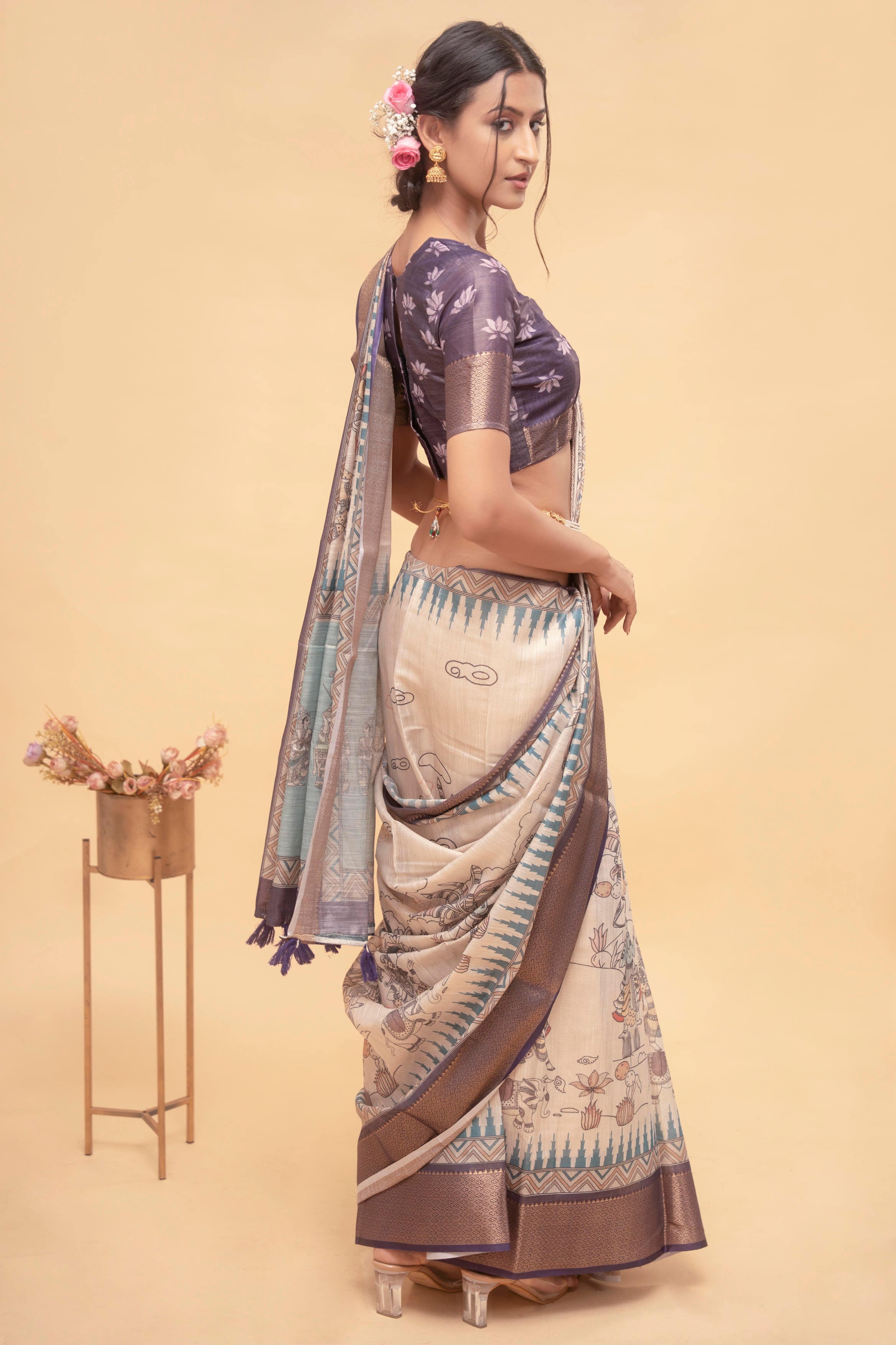 Off-White Illustrative Rural Life Print Saree with Mauve Blouse