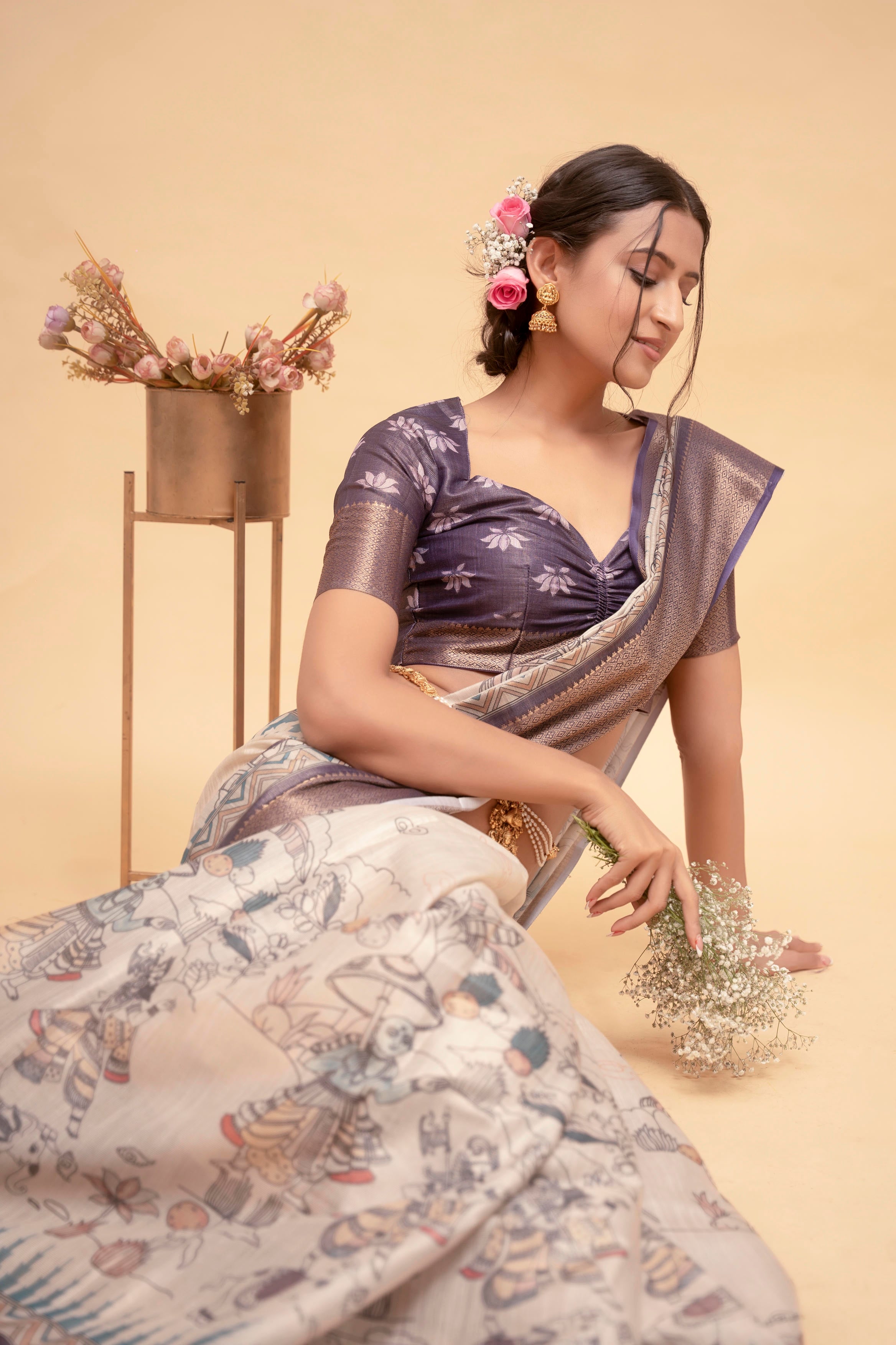 Off-White Illustrative Rural Life Print Saree with Mauve Blouse
