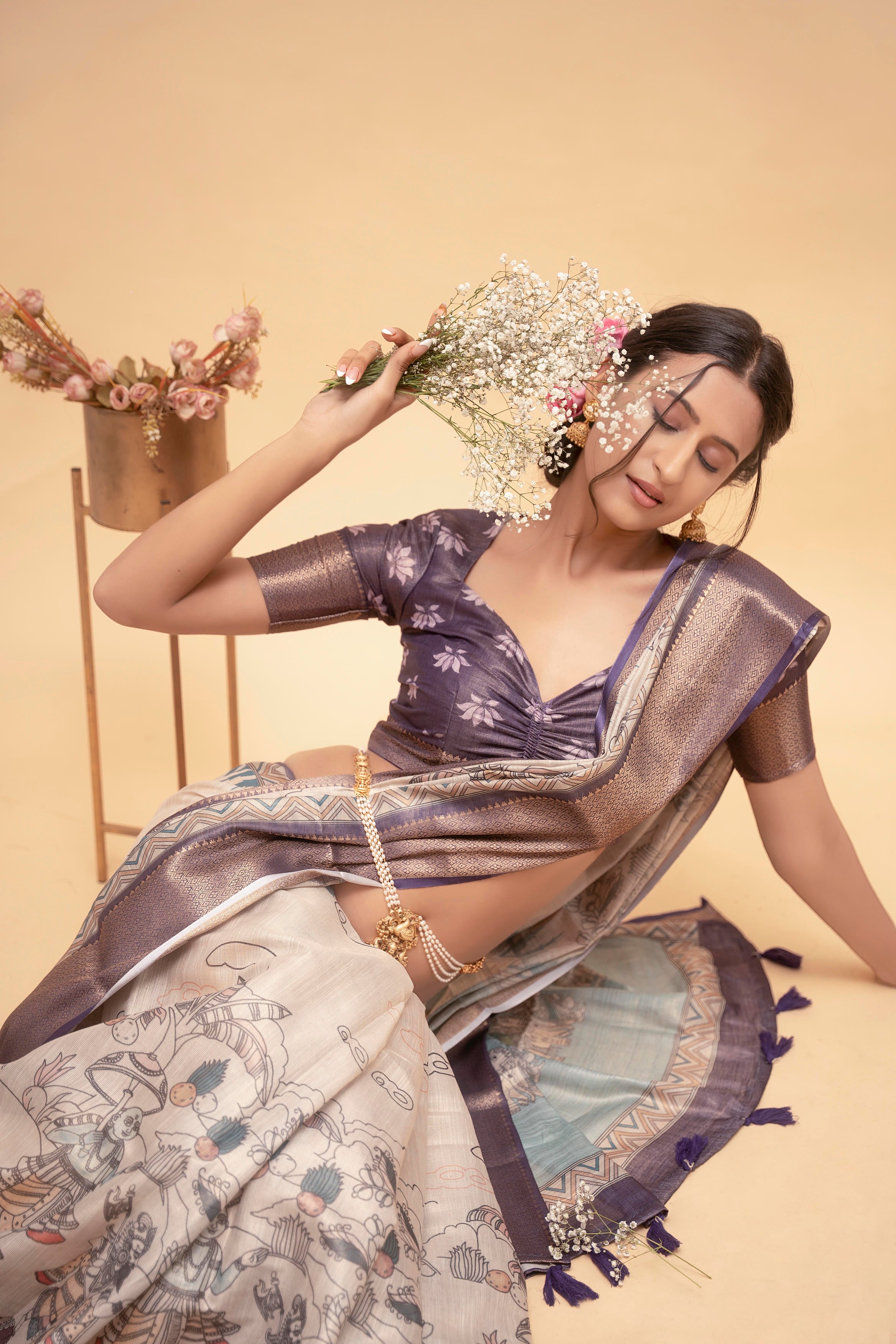 Off-White Illustrative Rural Life Print Saree with Mauve Blouse