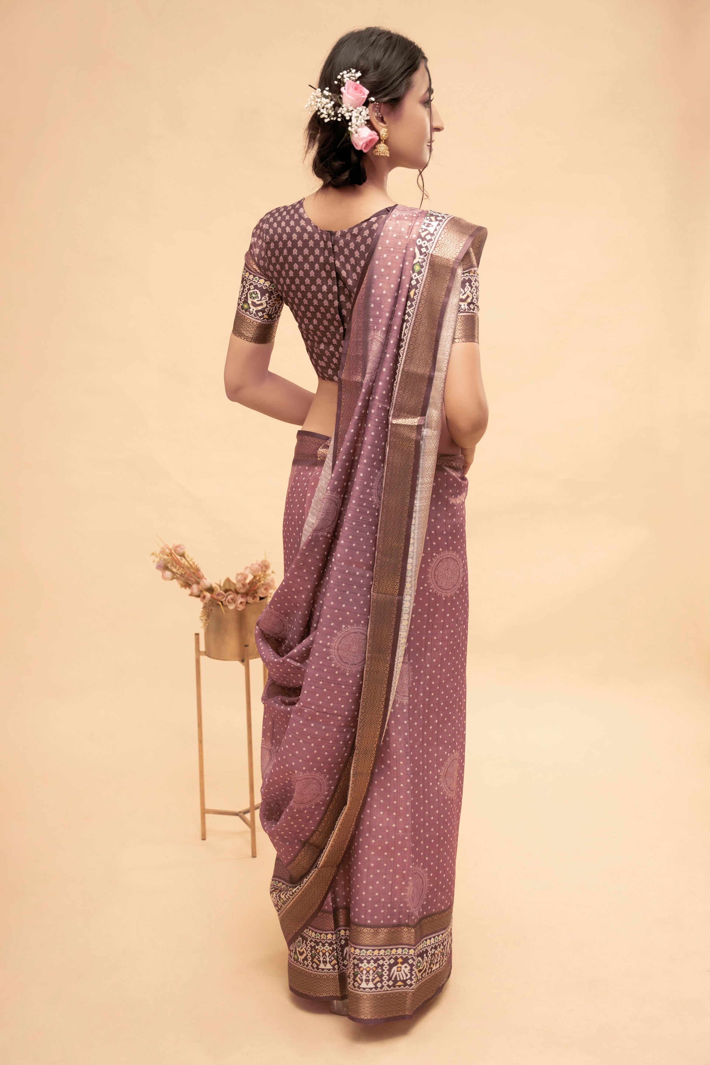 Mauve Mandala Print Saree with Patola-Style Zari Border and Ruched Blouse