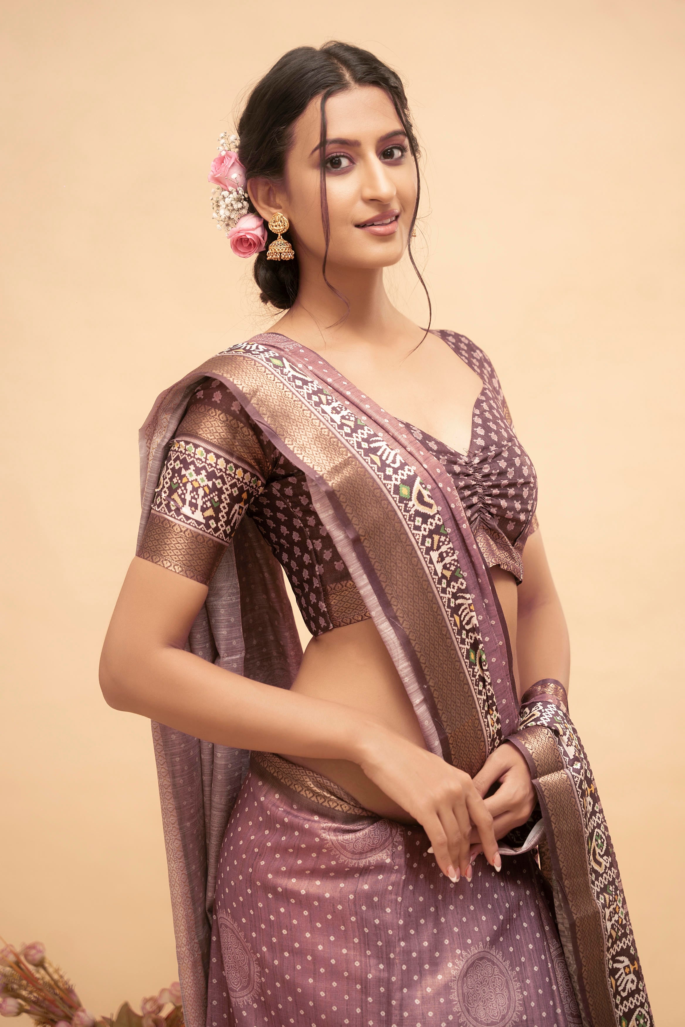 Mauve Mandala Print Saree with Patola-Style Zari Border and Ruched Blouse