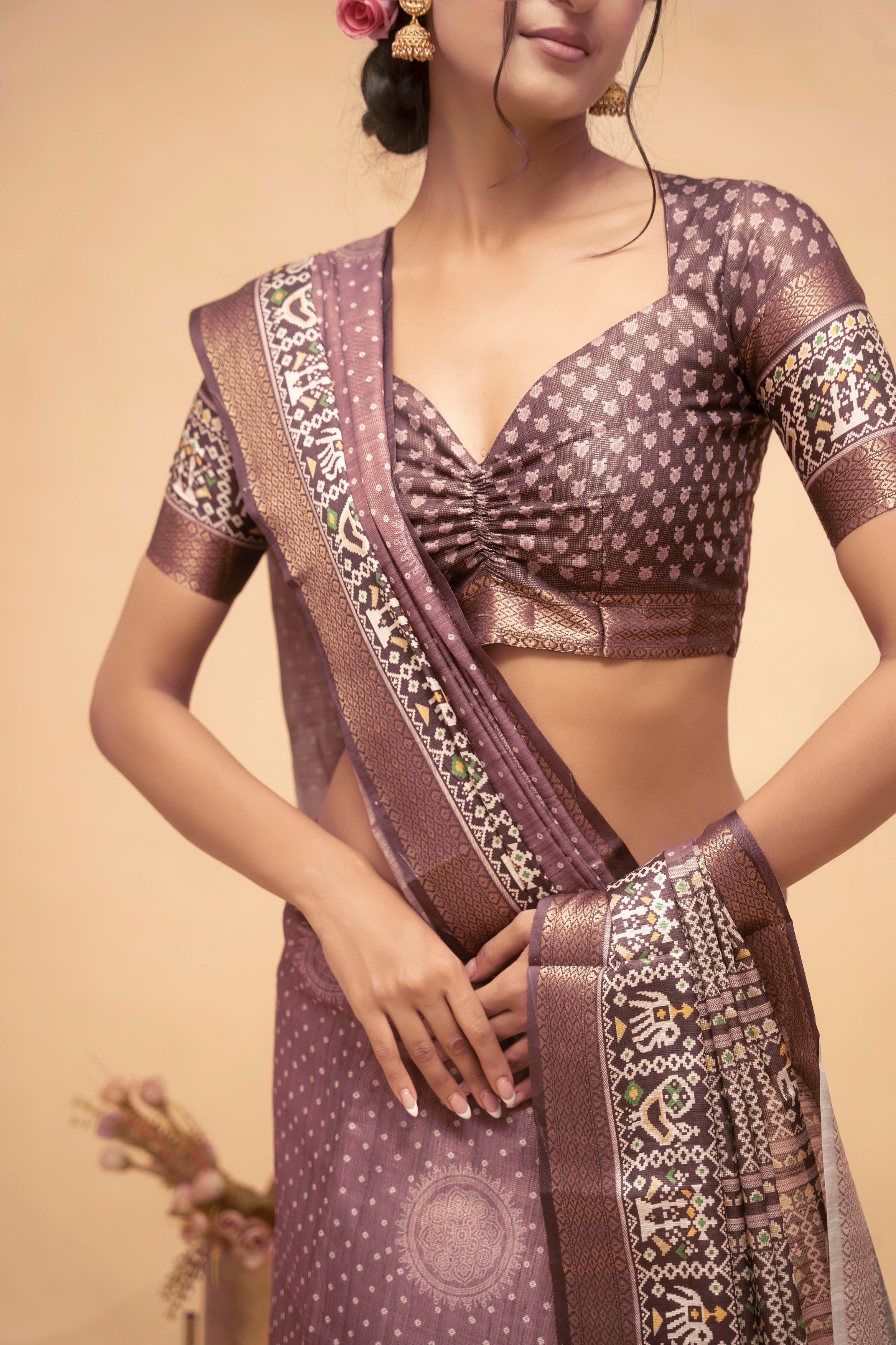 Mauve Mandala Print Saree with Patola-Style Zari Border and Ruched Blouse