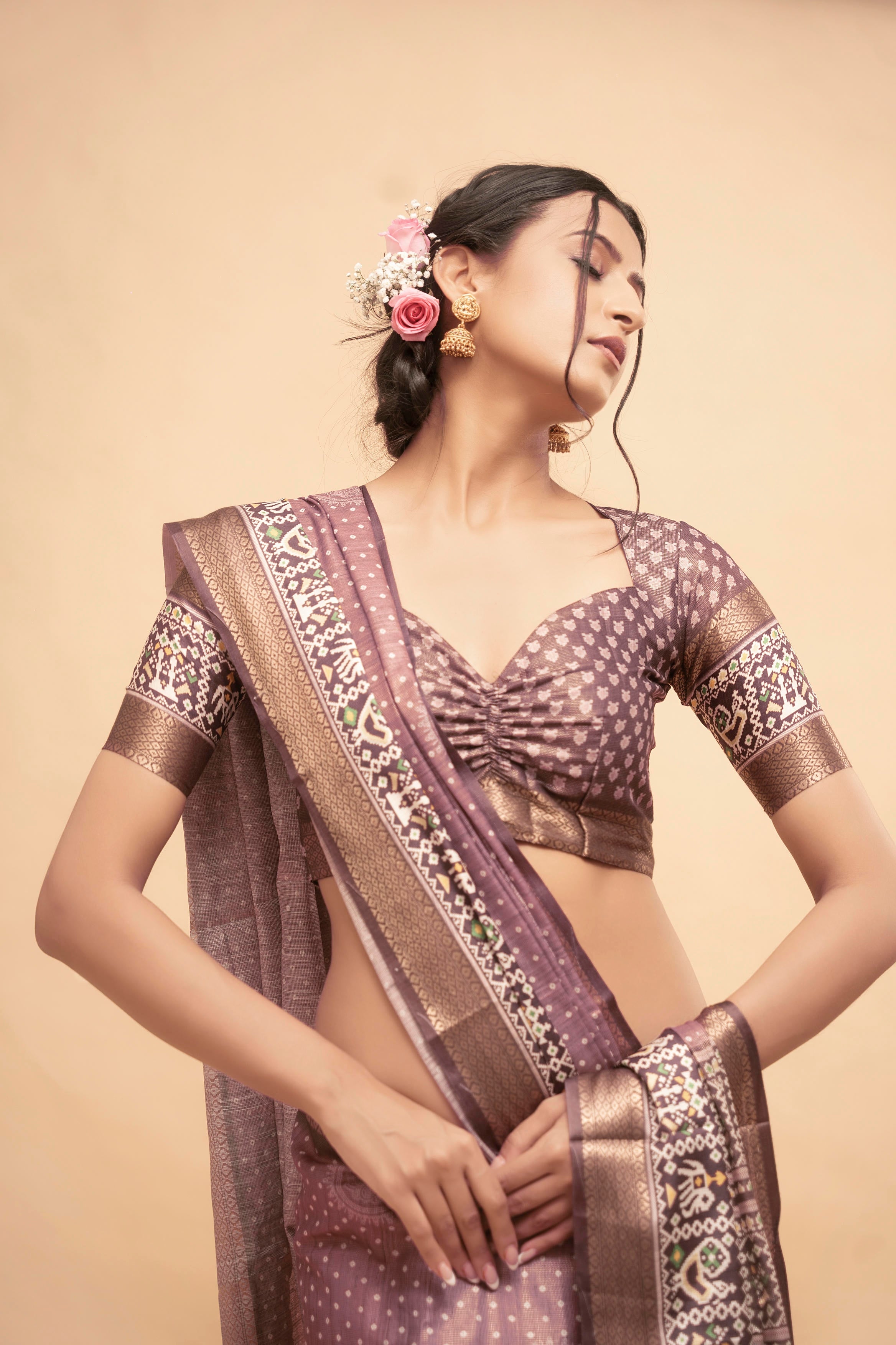 Mauve Mandala Print Saree with Patola-Style Zari Border and Ruched Blouse