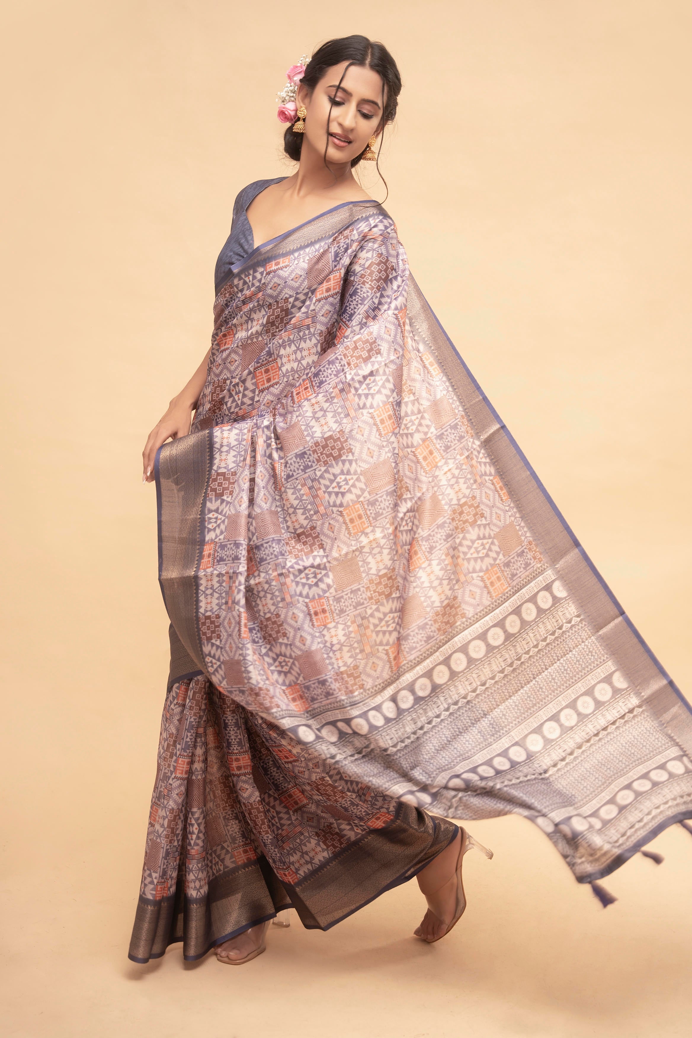 Mauve Floral Print Saree with Antique Gold Zari Border and Sweetheart Blouse