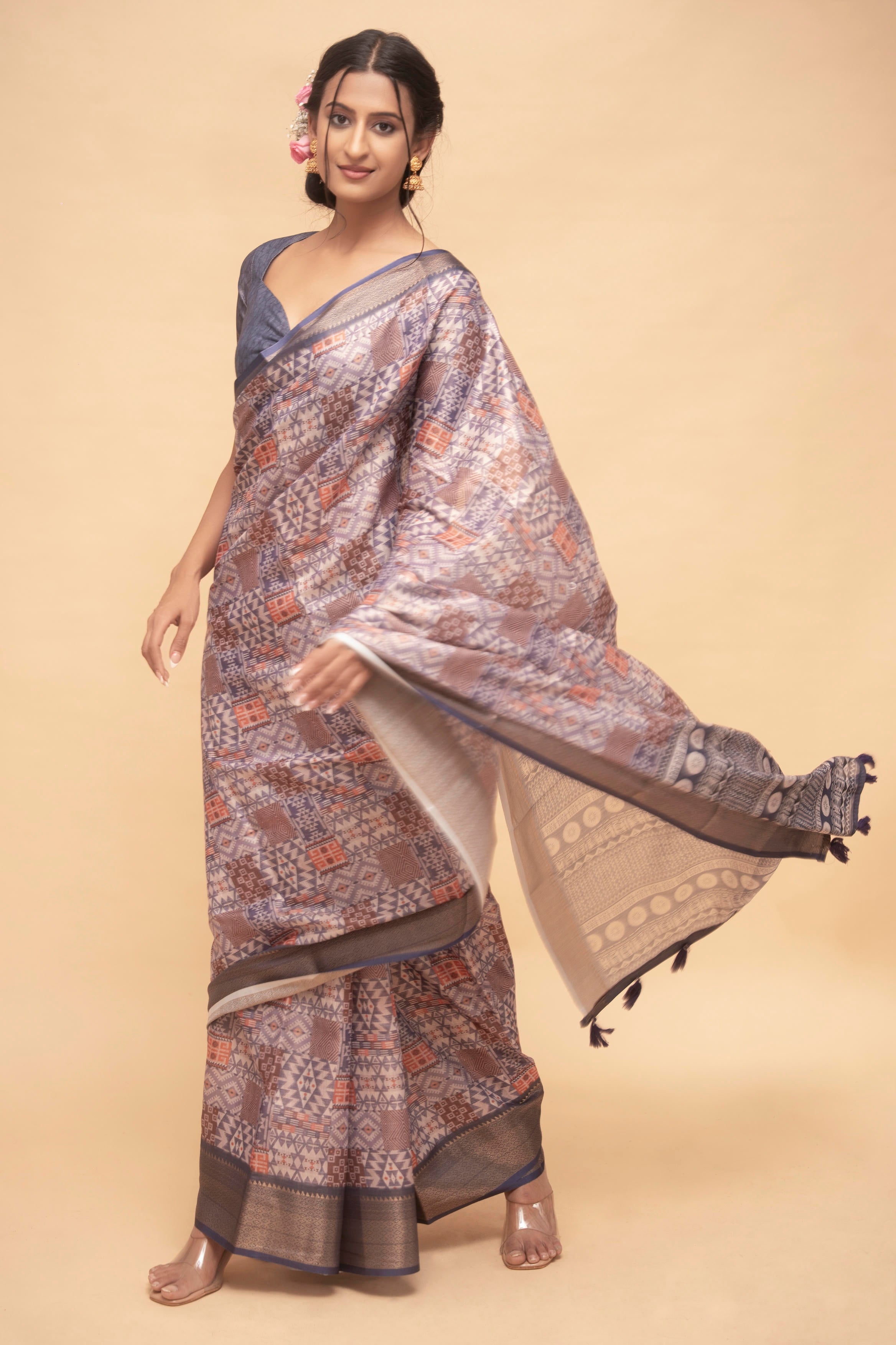 Mauve Floral Print Saree with Antique Gold Zari Border and Sweetheart Blouse