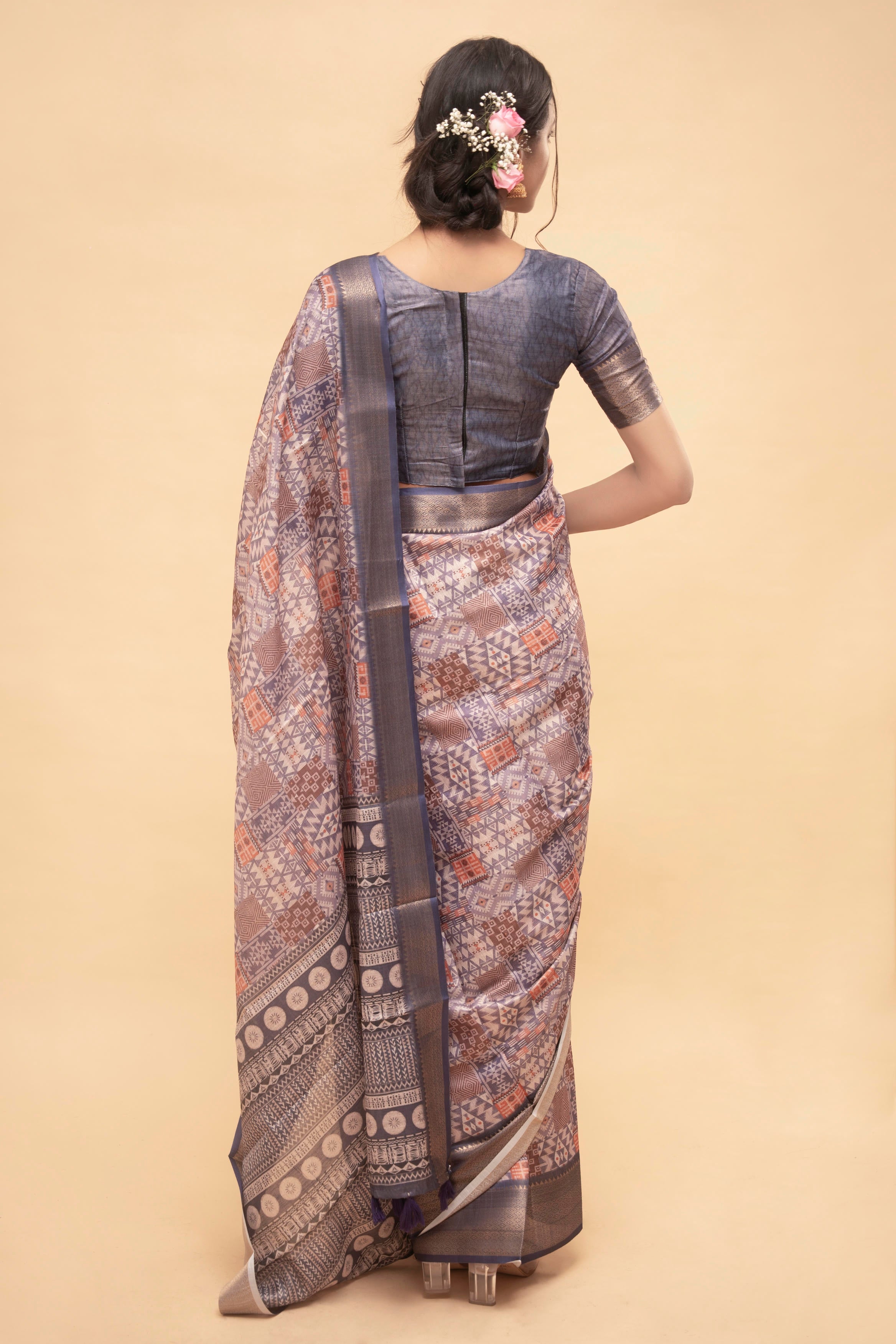 Mauve Floral Print Saree with Antique Gold Zari Border and Sweetheart Blouse