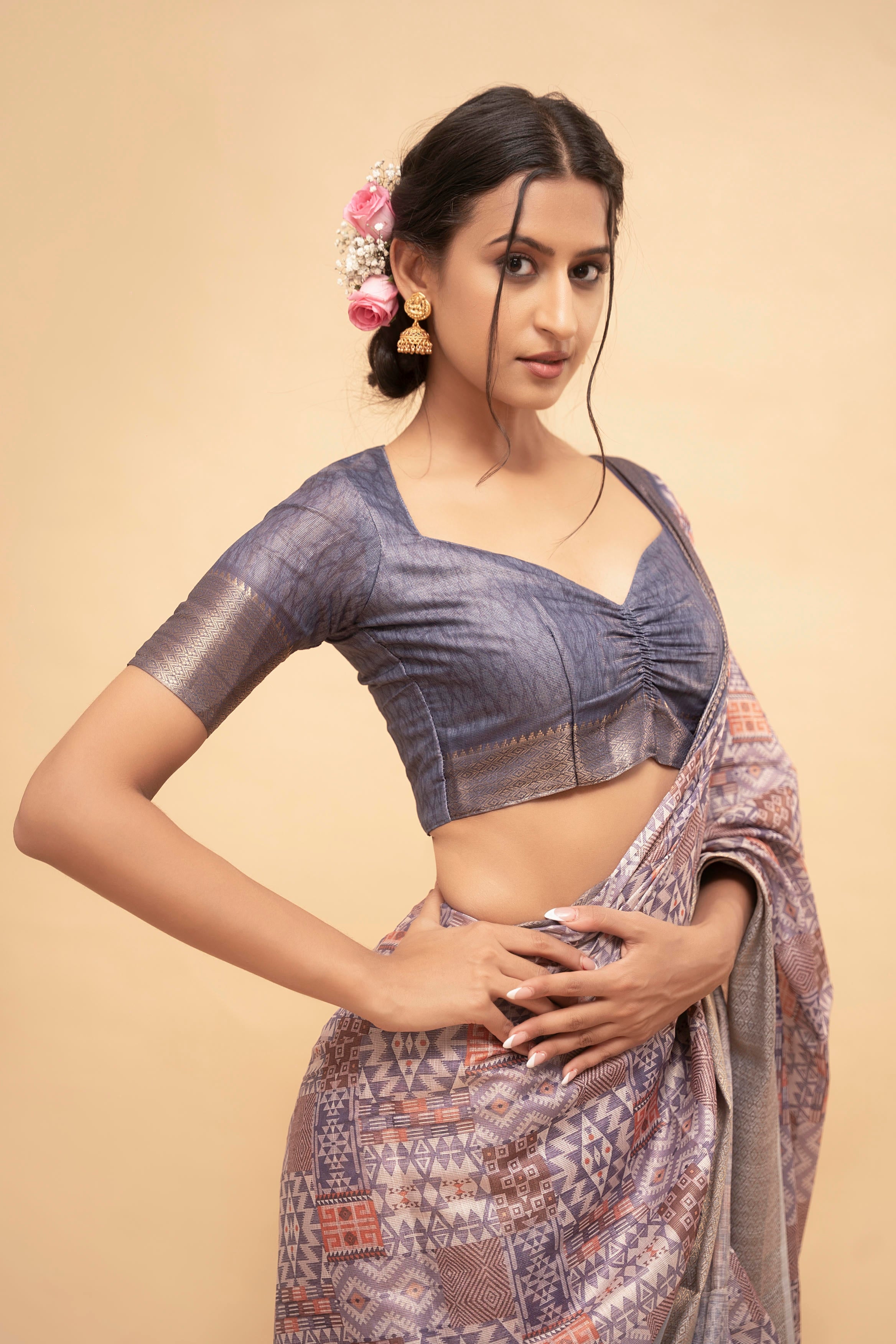 Mauve Floral Print Saree with Antique Gold Zari Border and Sweetheart Blouse