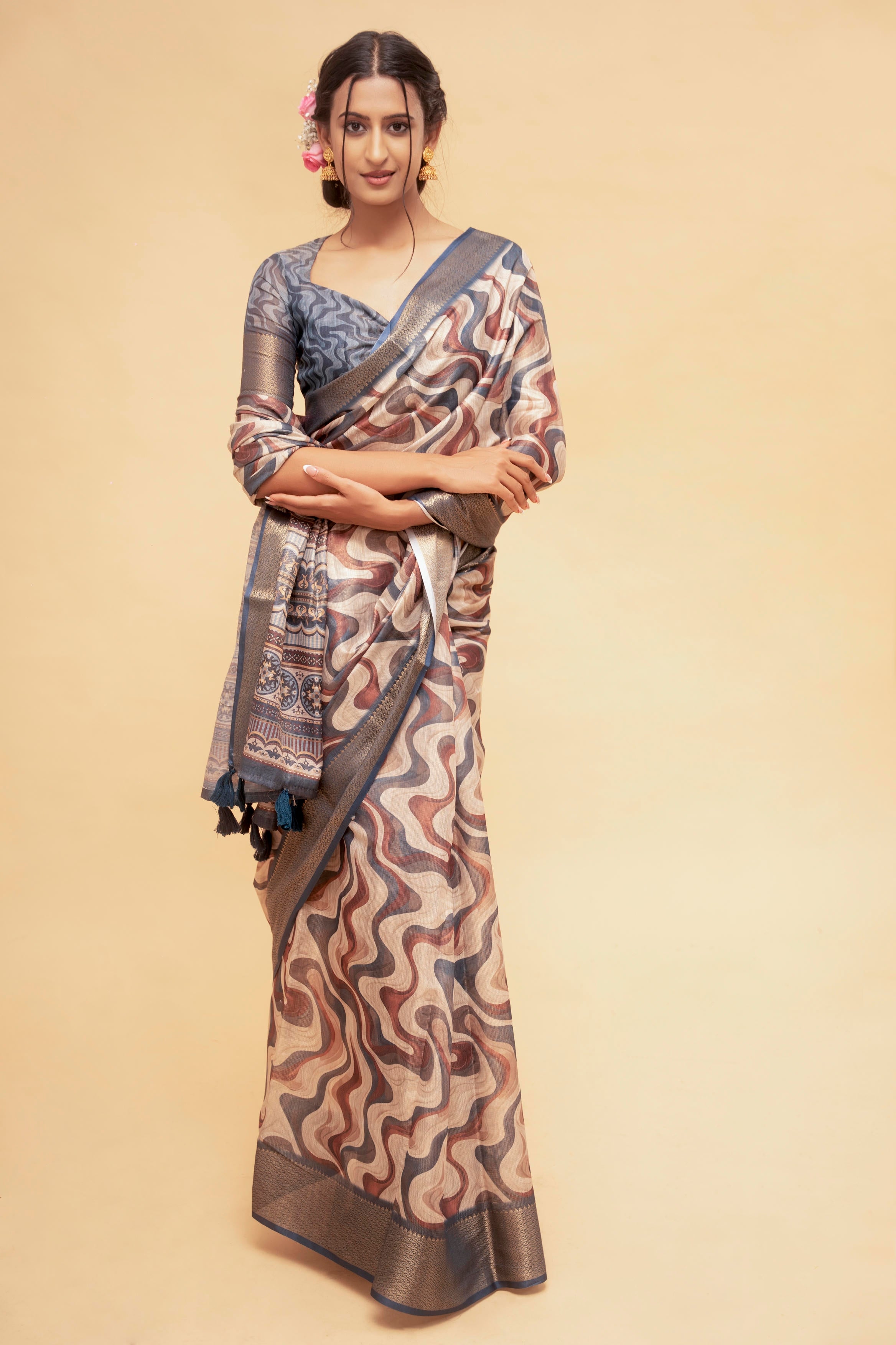 Indigo and Mocha Abstract Wavy Print Saree with Antique Zari Border