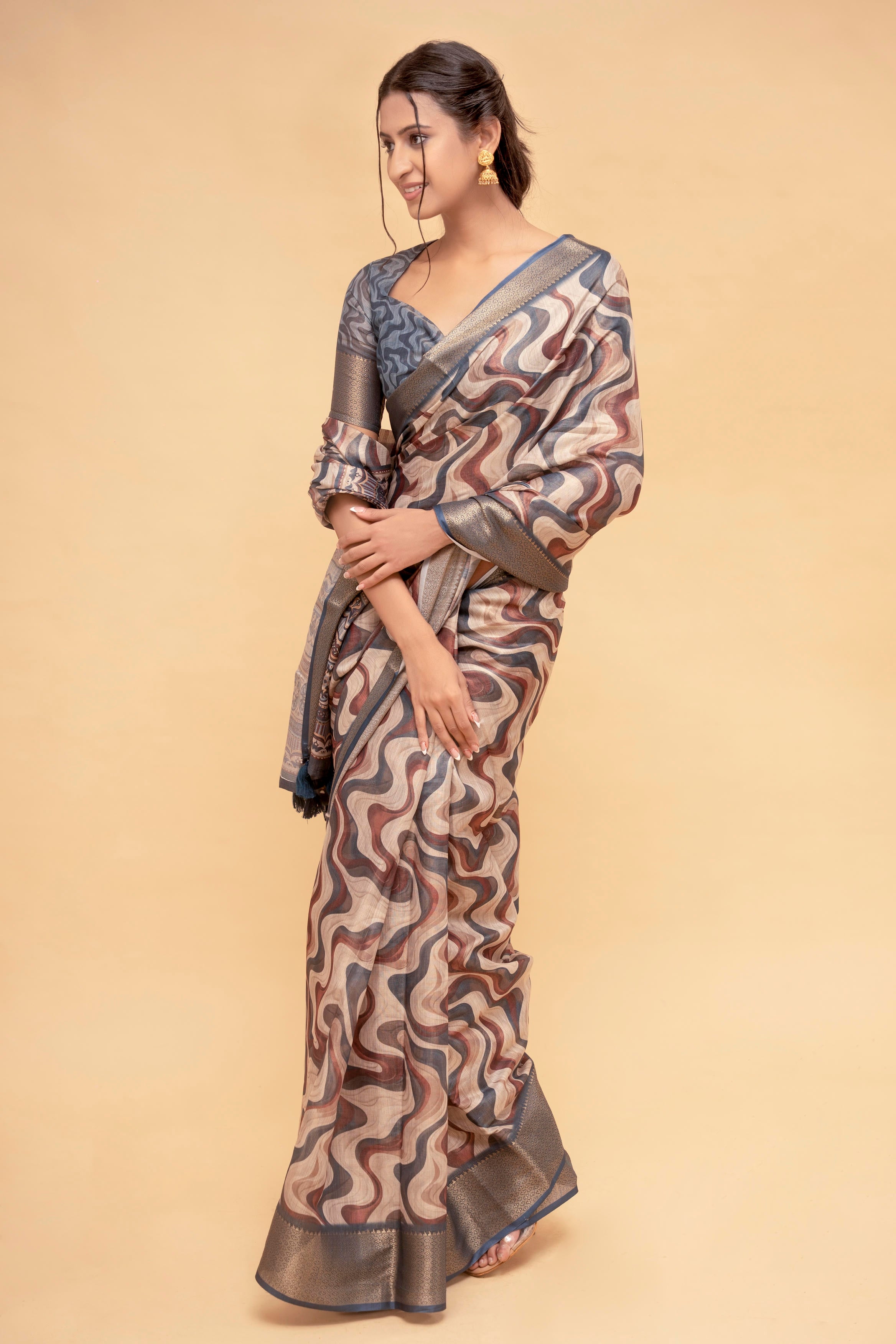 Indigo and Mocha Abstract Wavy Print Saree with Antique Zari Border