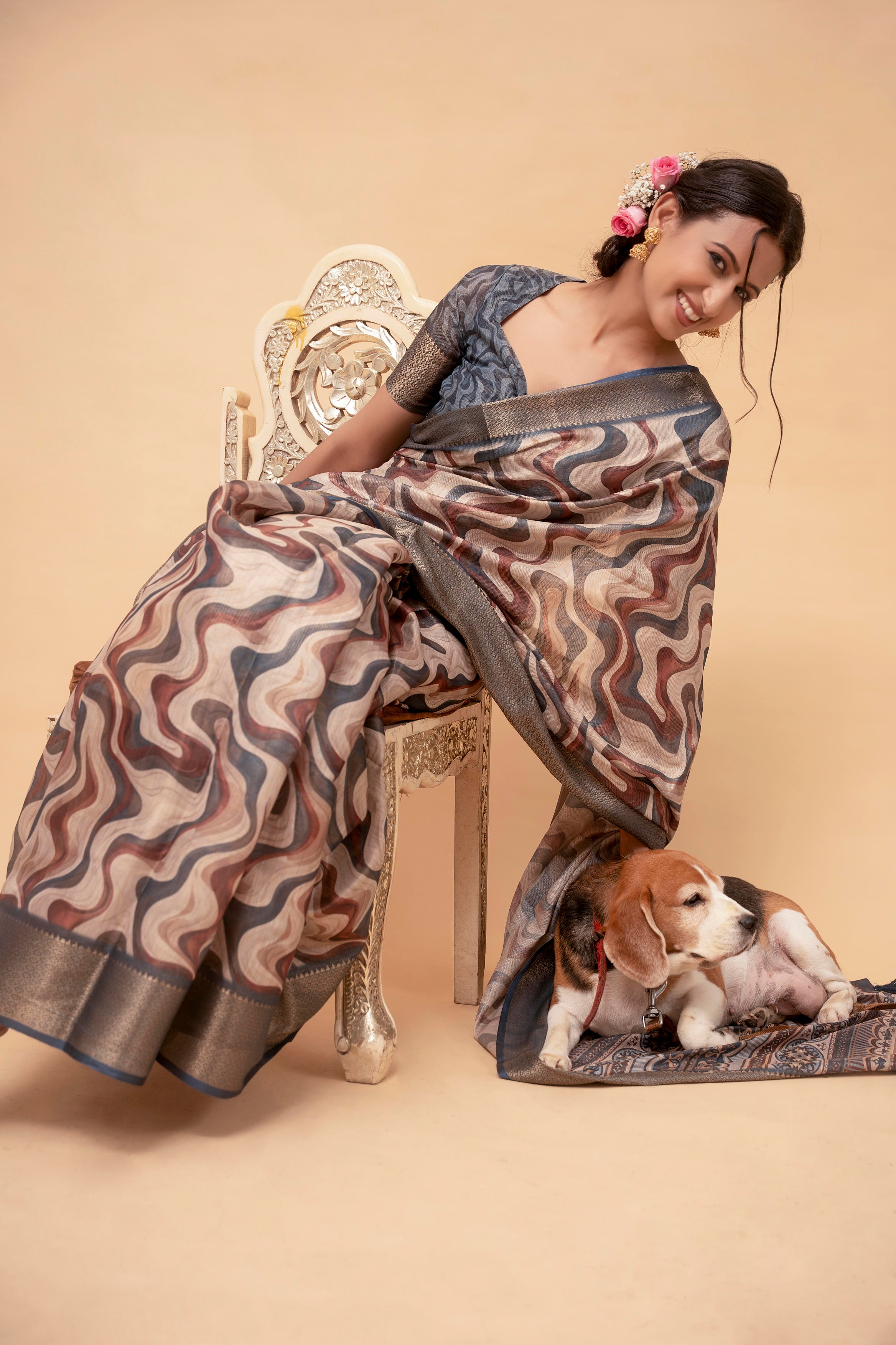 Indigo and Mocha Abstract Wavy Print Saree with Antique Zari Border