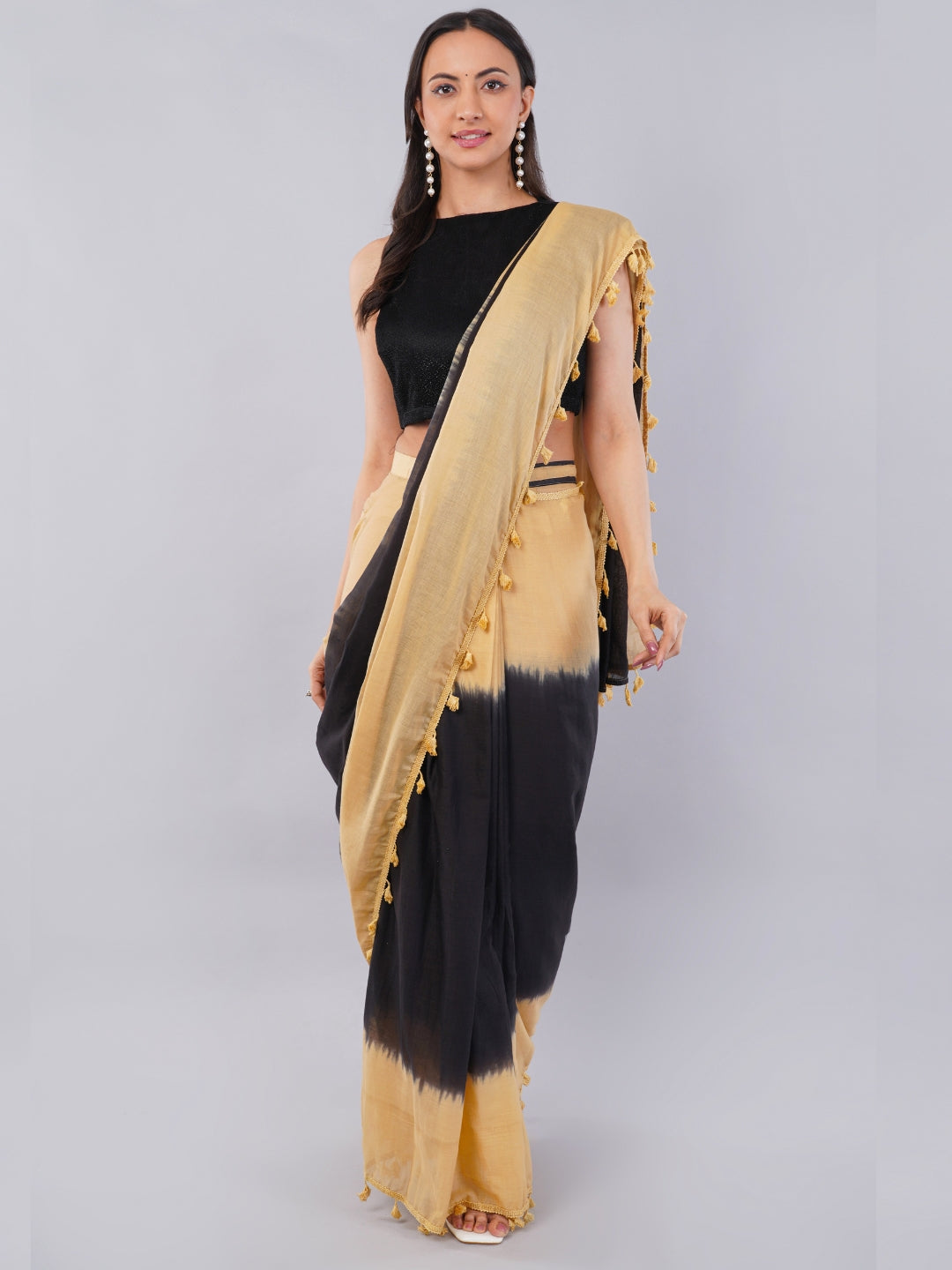 Samantha Beige & Black Ready-to-Wear Saree with Pocket