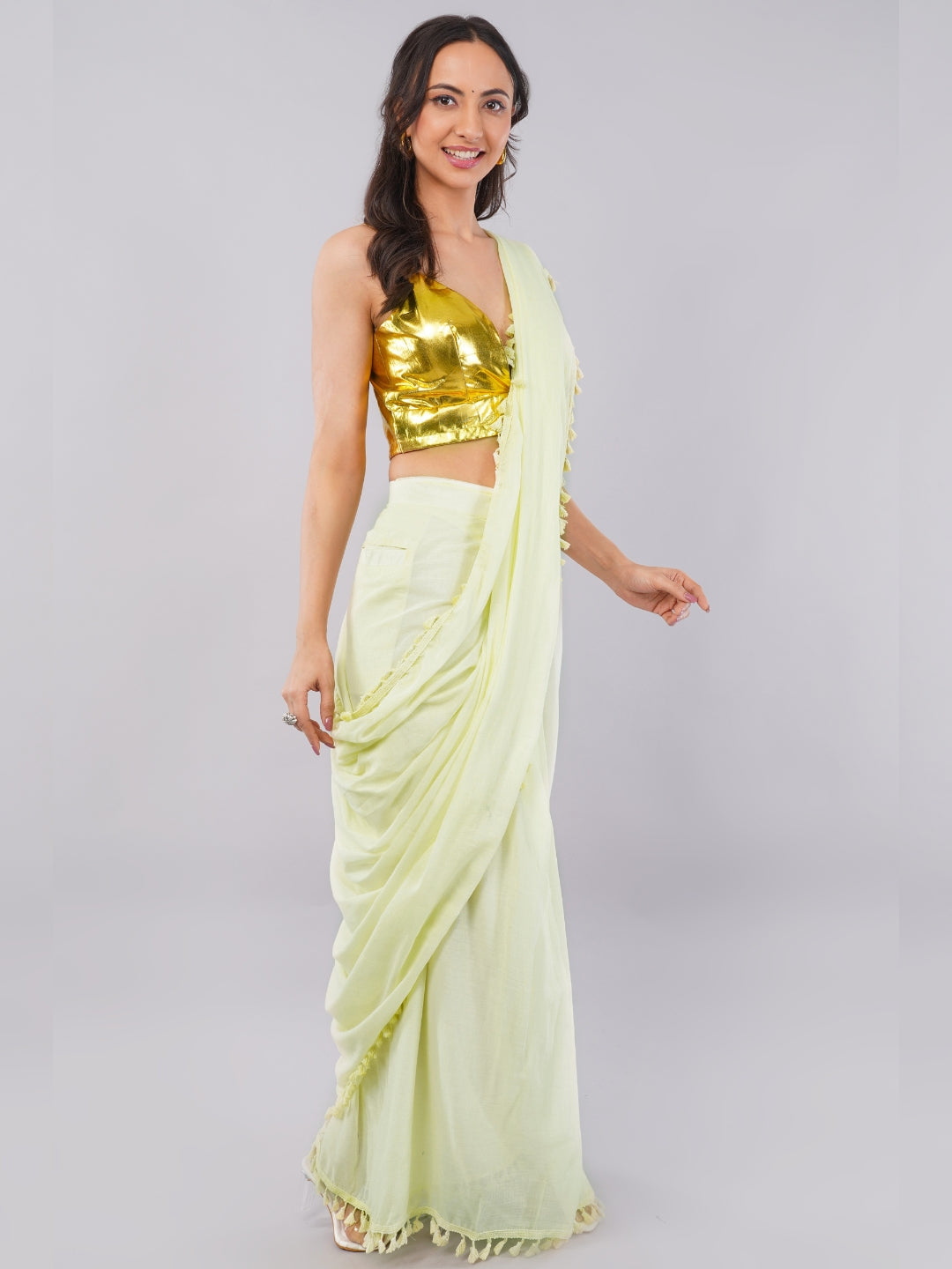 Lemon Yellow Ready-to-Wear Saree with Pocket