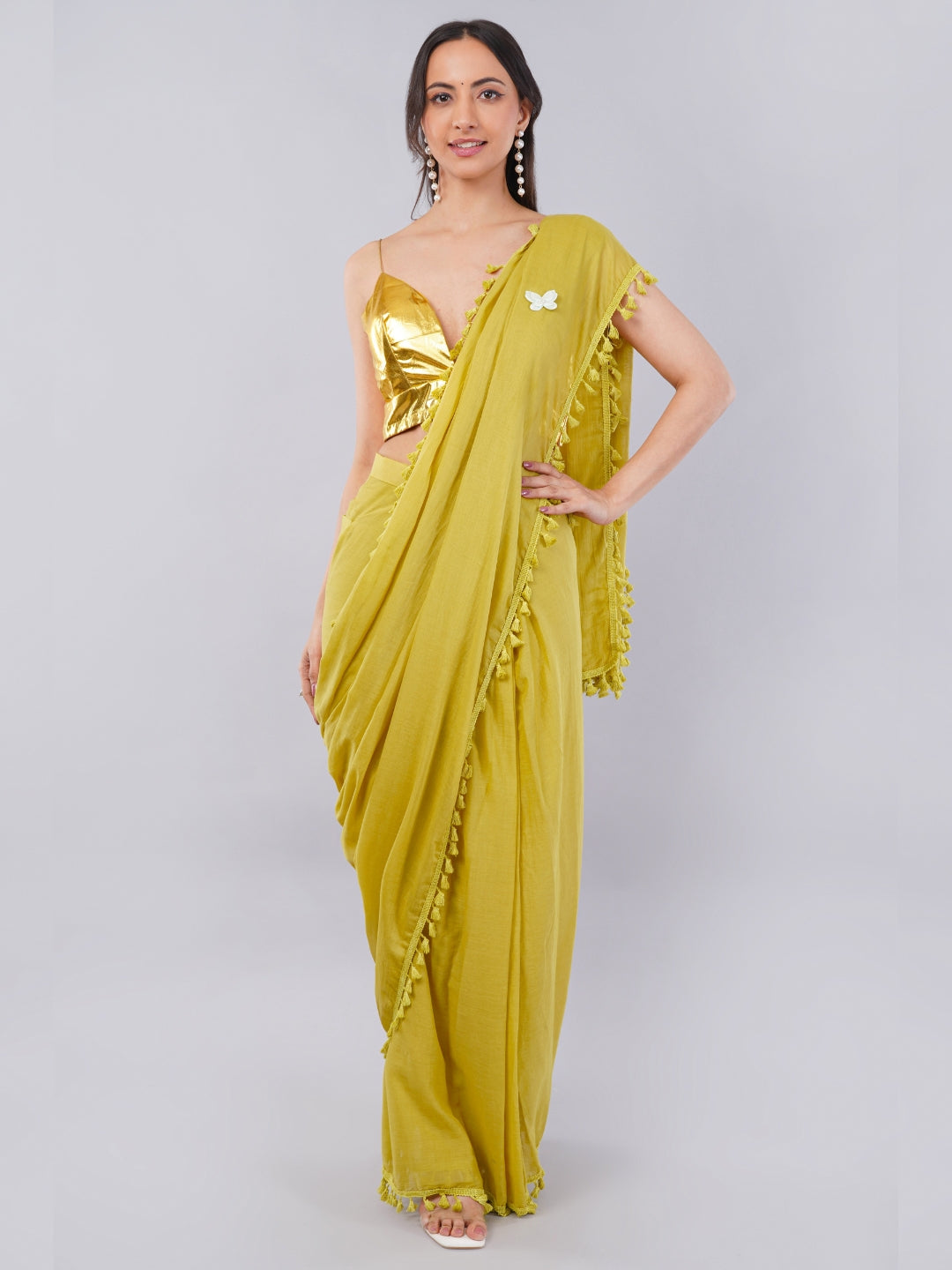 Lime Green Ready-to-Wear Saree with Pocket