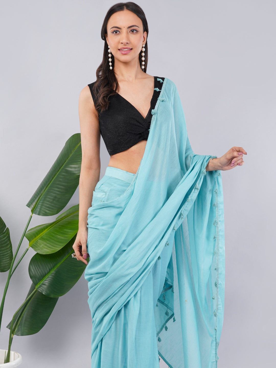 Turquoise Blue Ready-to-Wear Saree with Pocket