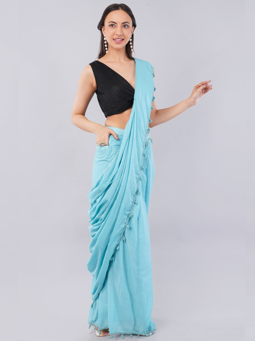 Turquoise Blue Ready-to-Wear Saree with Pocket