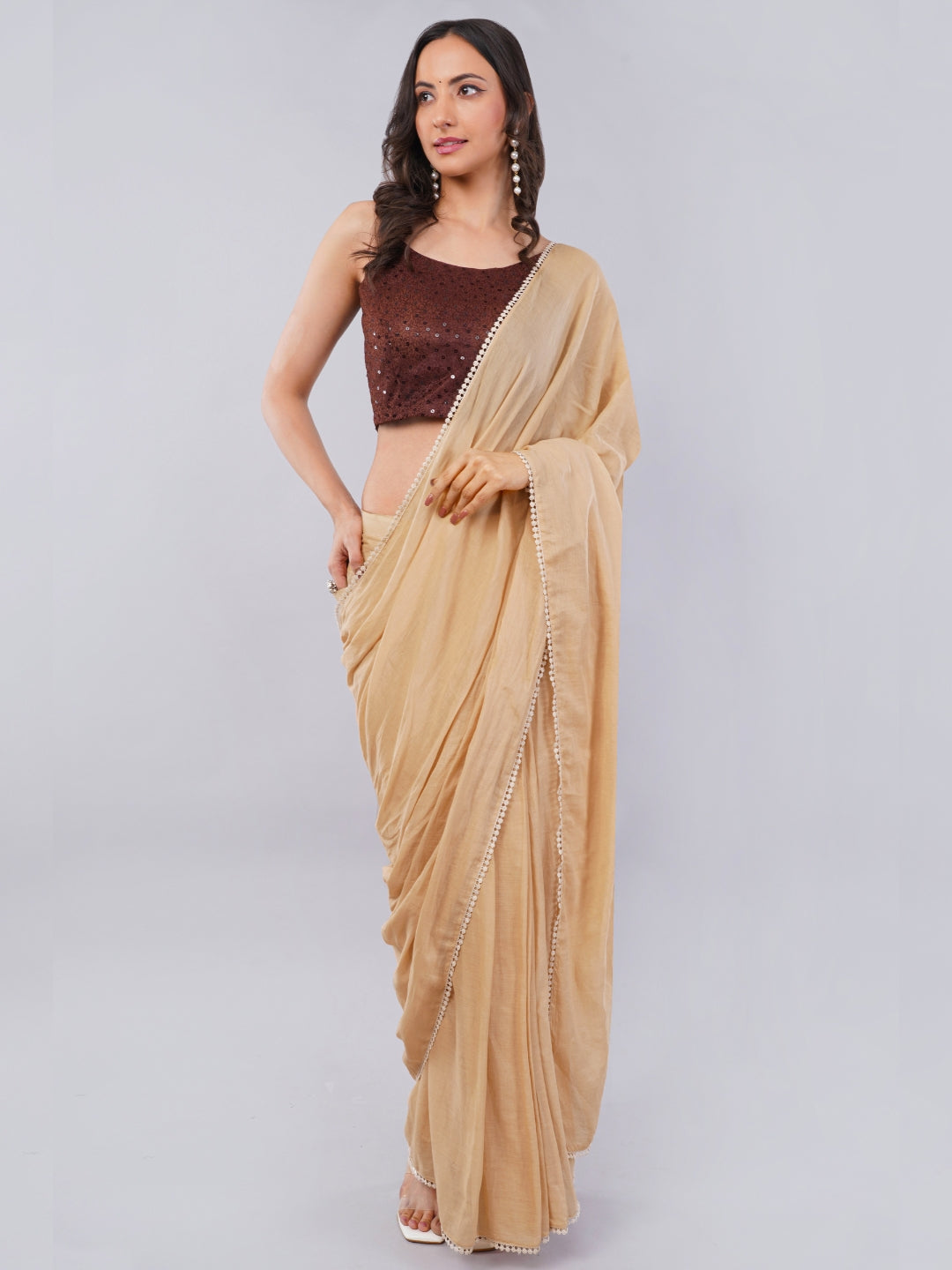 Beige Ready-to-Wear Saree with Pocket