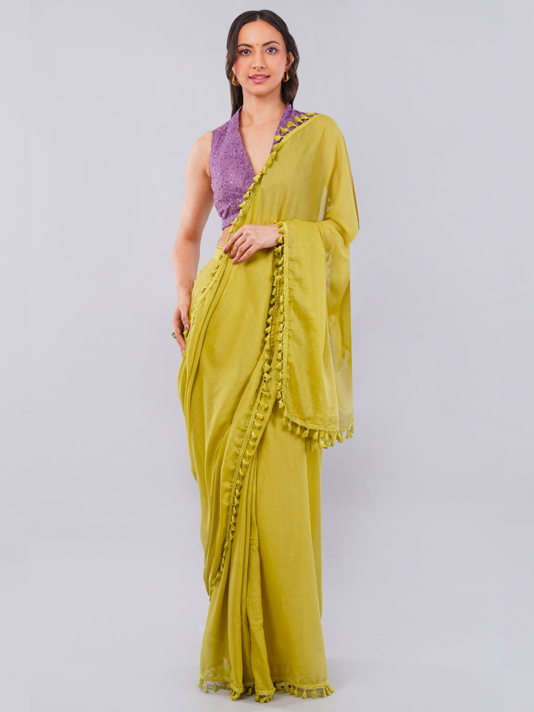 Mustard Green Ready-to-Wear Saree with Pocket