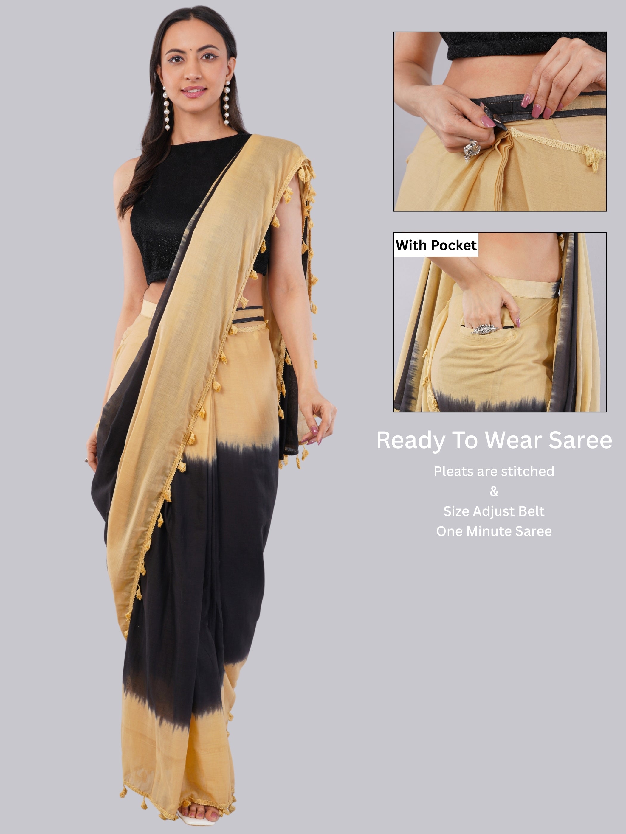 Samantha Beige & Black Ready-to-Wear Saree with Pocket