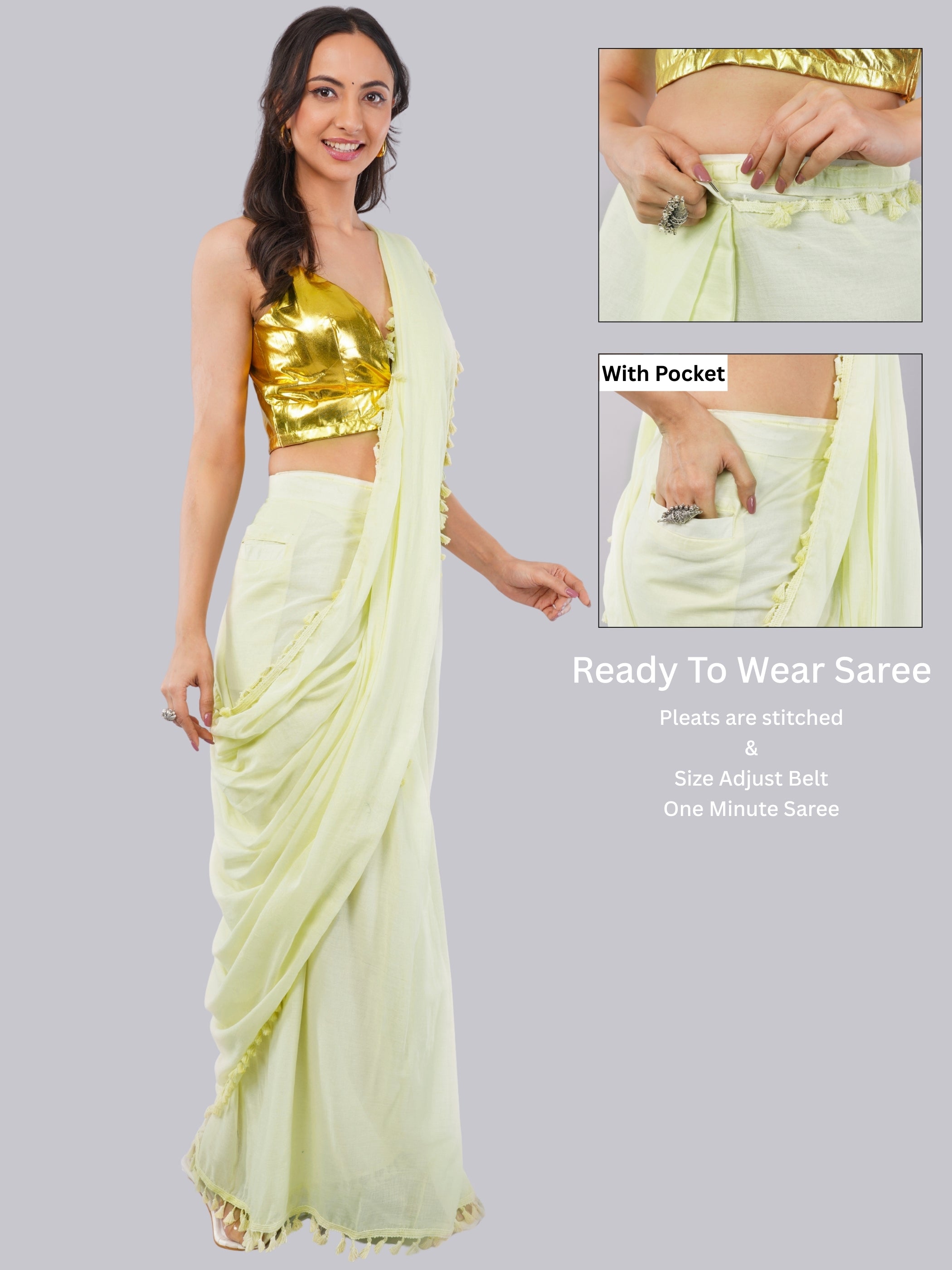 Lemon Yellow Ready-to-Wear Saree with Pocket