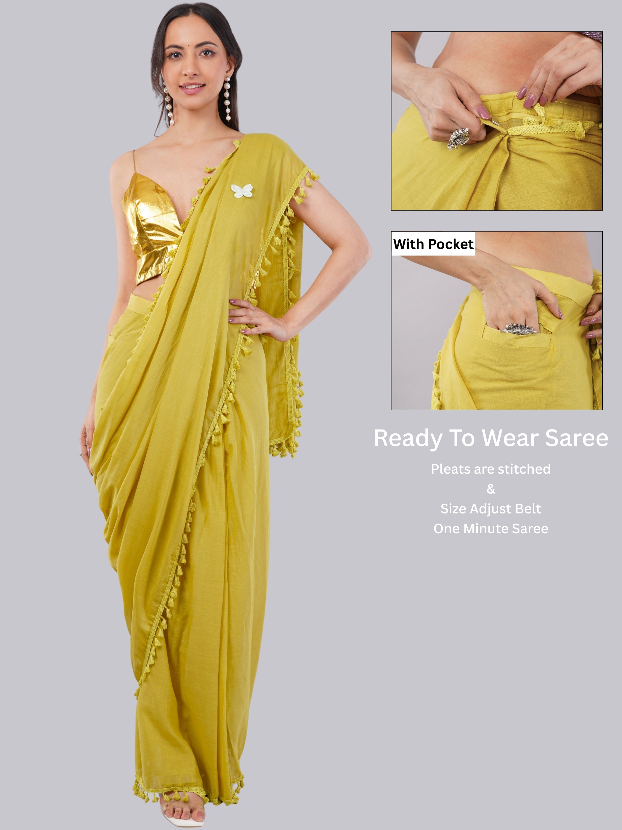 Lime Green Ready-to-Wear Saree with Pocket