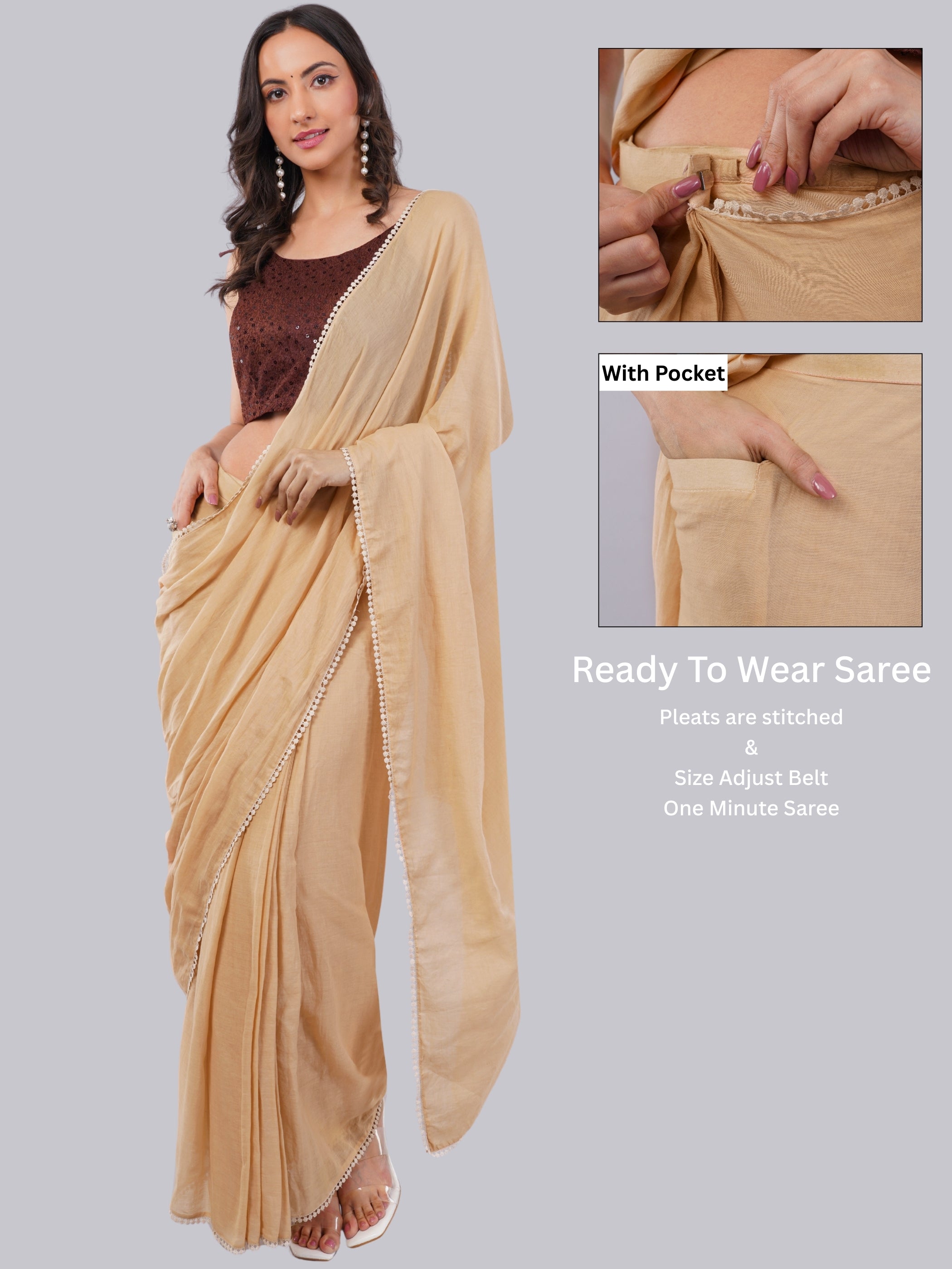 Beige Ready-to-Wear Saree with Pocket