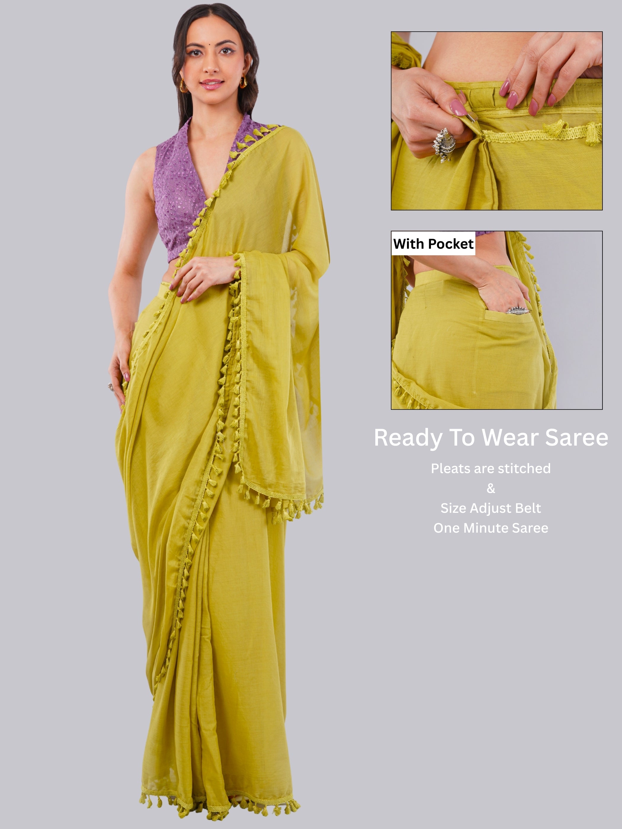 Mustard Green Ready-to-Wear Saree with Pocket
