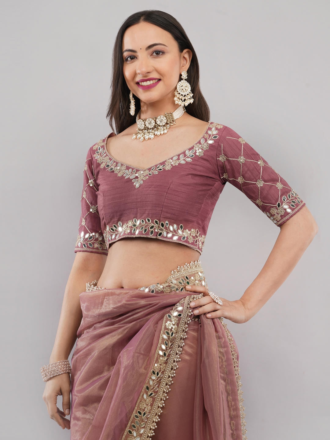 Samantha Rust Nettwill Net Saree With Elegant Embroidery And Unstitched Blouse Piece For Women Party Wear