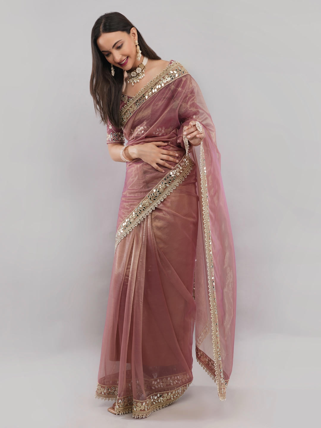 Samantha Rust Nettwill Net Saree With Elegant Embroidery And Unstitched Blouse Piece For Women Party Wear