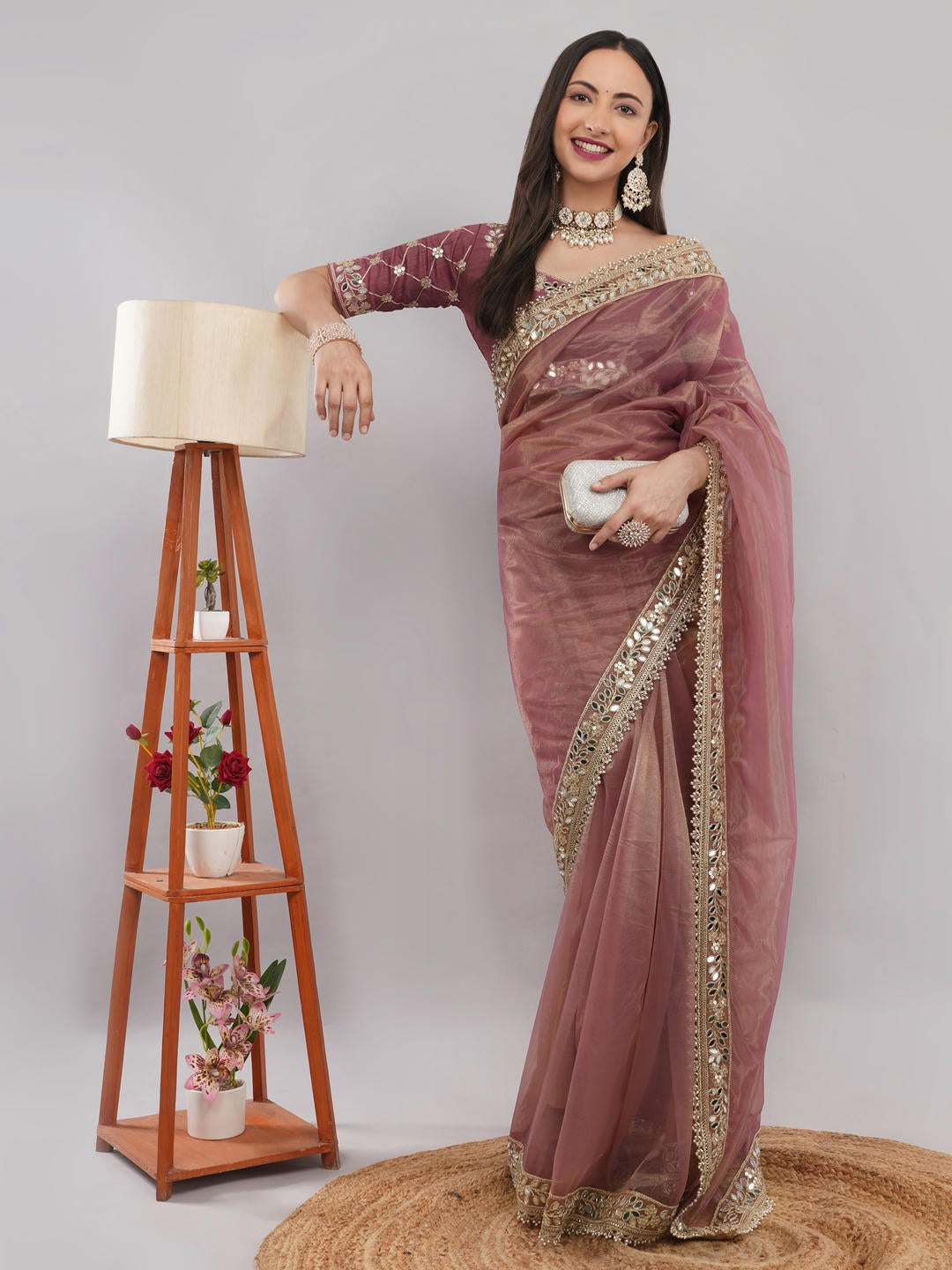 Samantha Rust Nettwill Net Saree With Elegant Embroidery And Unstitched Blouse Piece For Women Party Wear