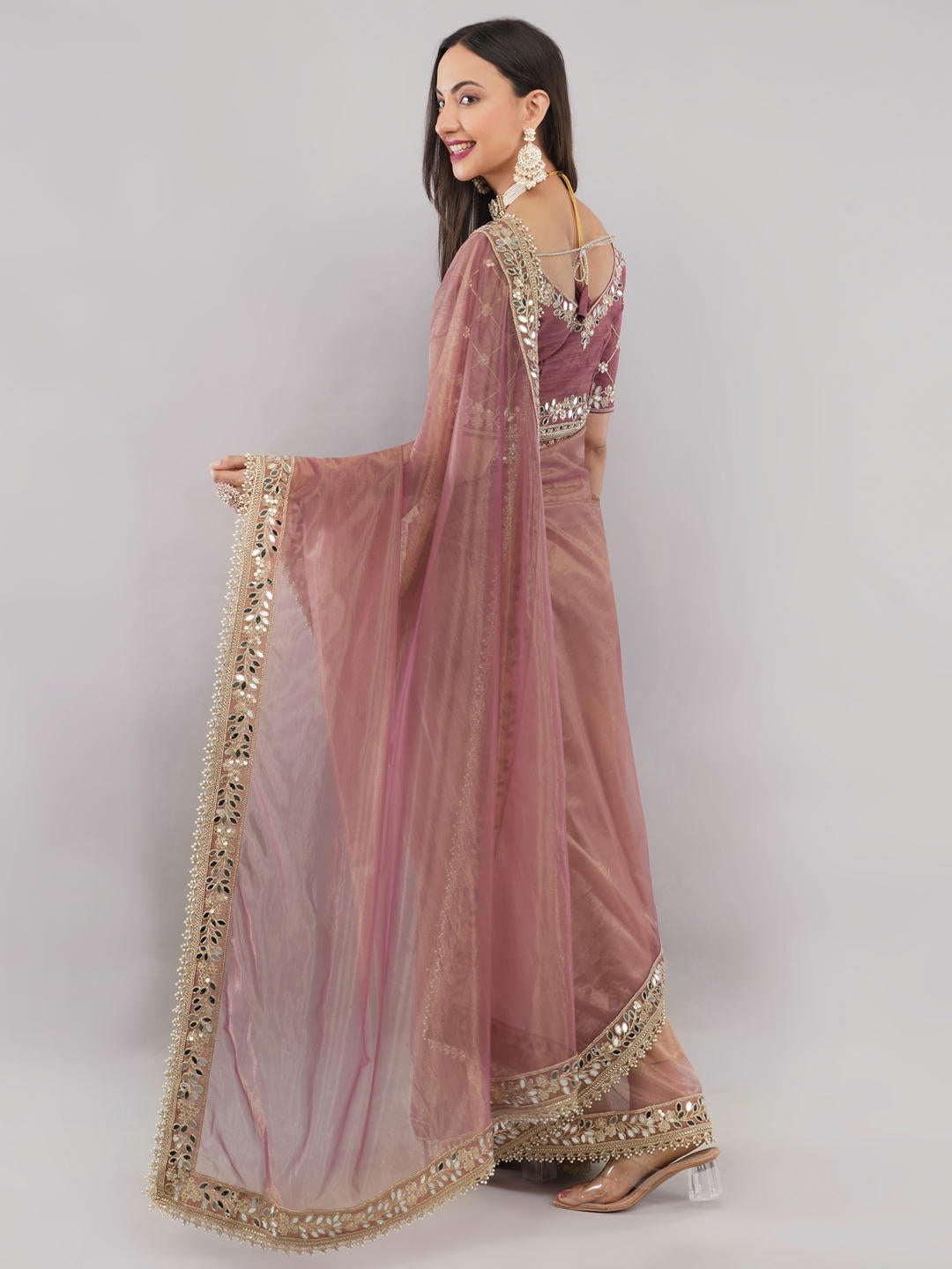 Samantha Rust Nettwill Net Saree With Elegant Embroidery And Unstitched Blouse Piece For Women Party Wear