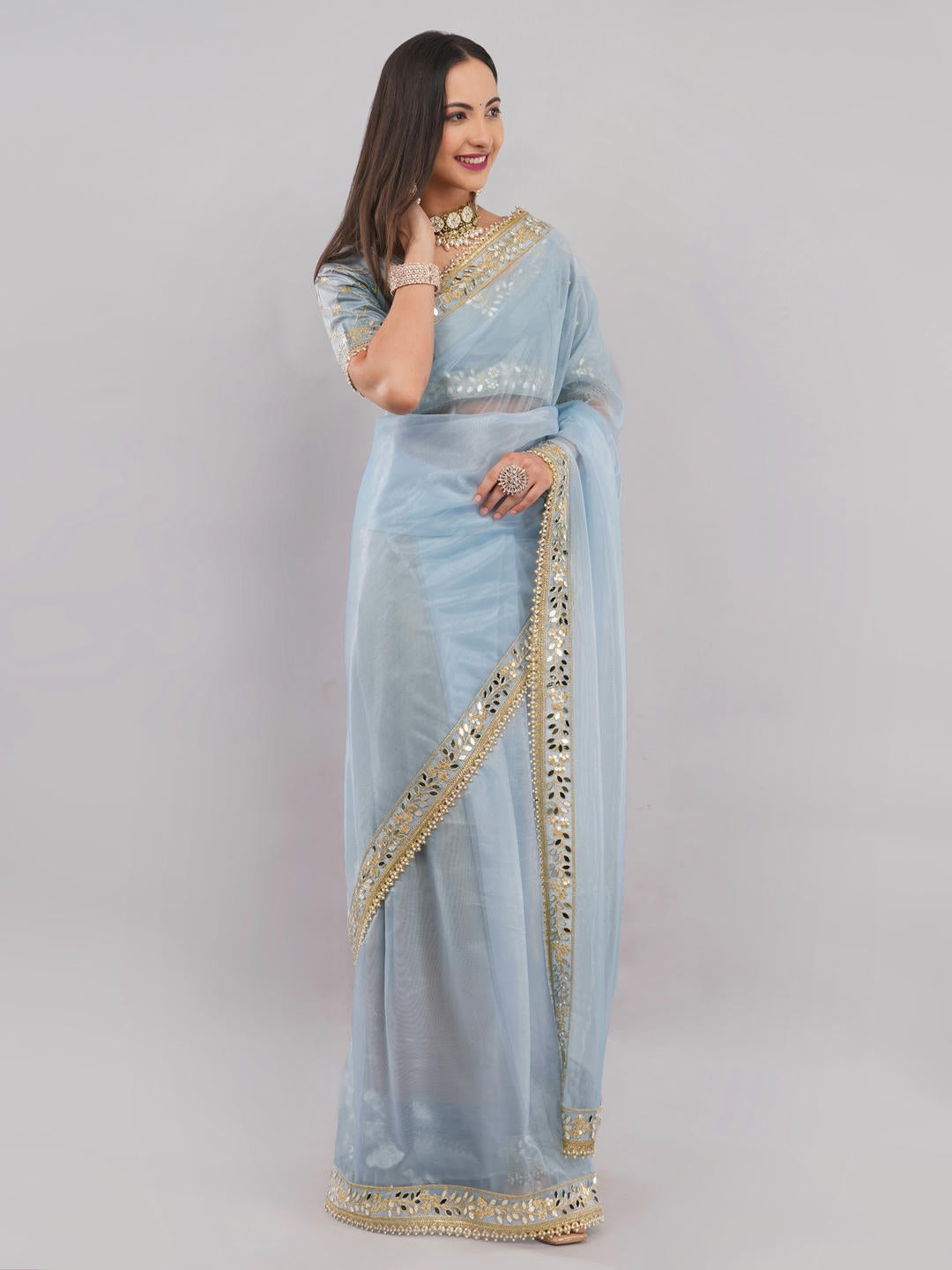Samantha Sky Blue Nettwill Net Saree With Elegant Embroidery And Unstitched Blouse Piece For Women Party Wear