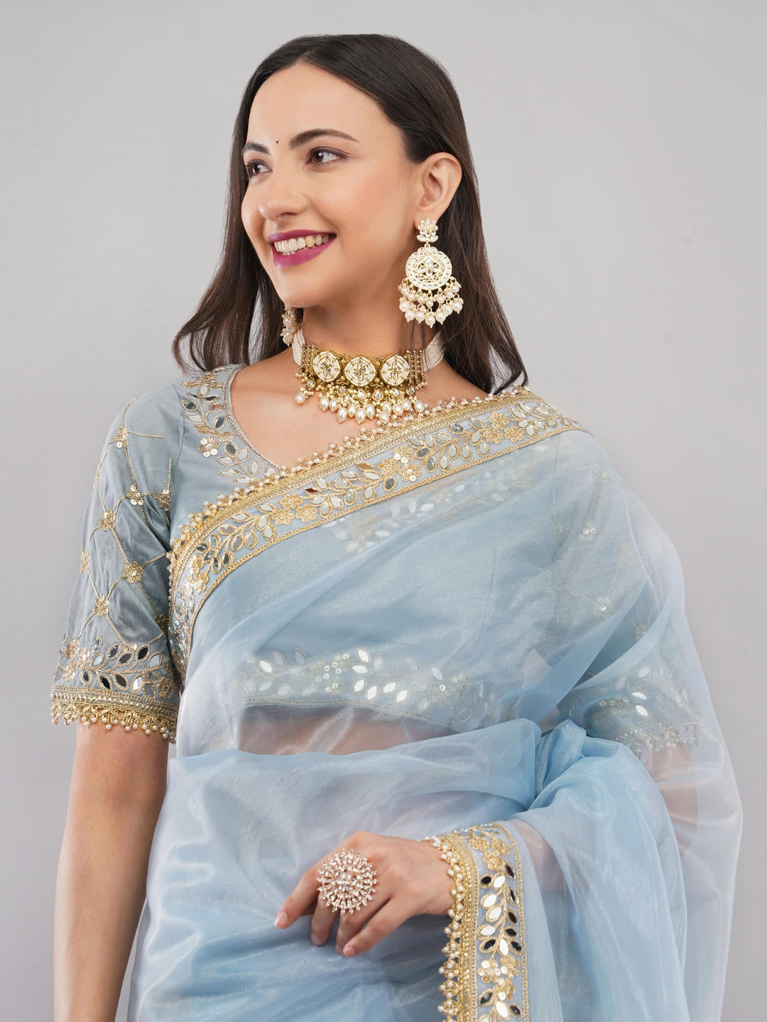 Samantha Sky Blue Nettwill Net Saree With Elegant Embroidery And Unstitched Blouse Piece For Women Party Wear