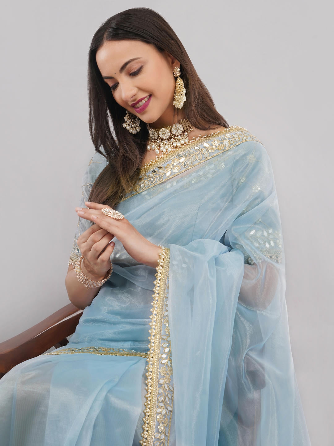 Samantha Sky Blue Nettwill Net Saree With Elegant Embroidery And Unstitched Blouse Piece For Women Party Wear