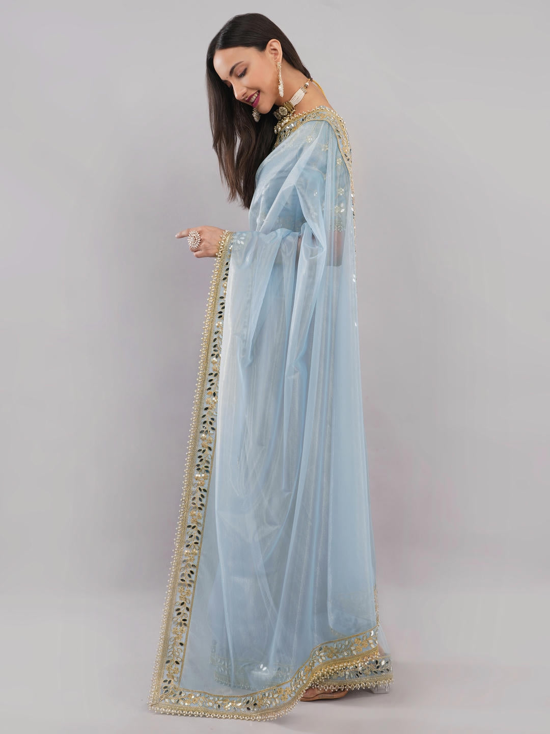 Samantha Sky Blue Nettwill Net Saree With Elegant Embroidery And Unstitched Blouse Piece For Women Party Wear