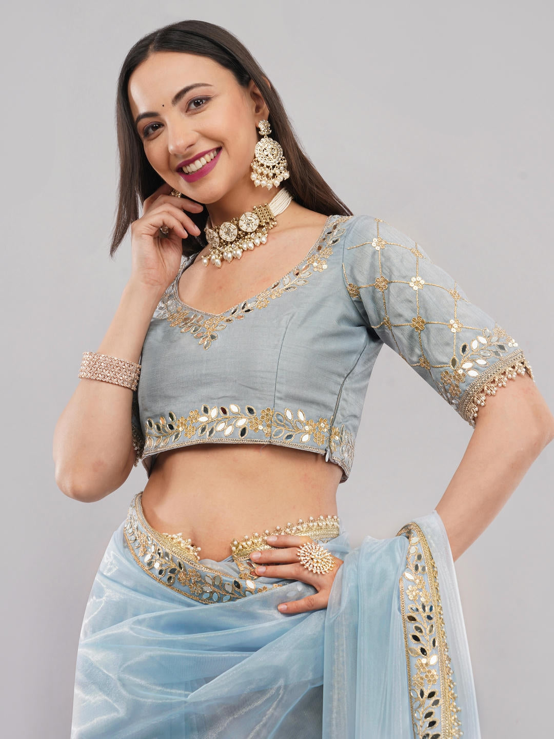 Samantha Sky Blue Nettwill Net Saree With Elegant Embroidery And Unstitched Blouse Piece For Women Party Wear