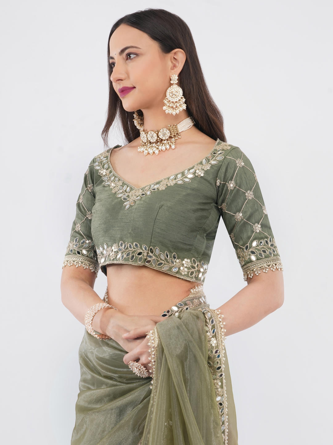 Samantha Mehendi Green Nettwill Net Saree With Elegant Embroidery And Unstitched Blouse Piece For Women Party Wear