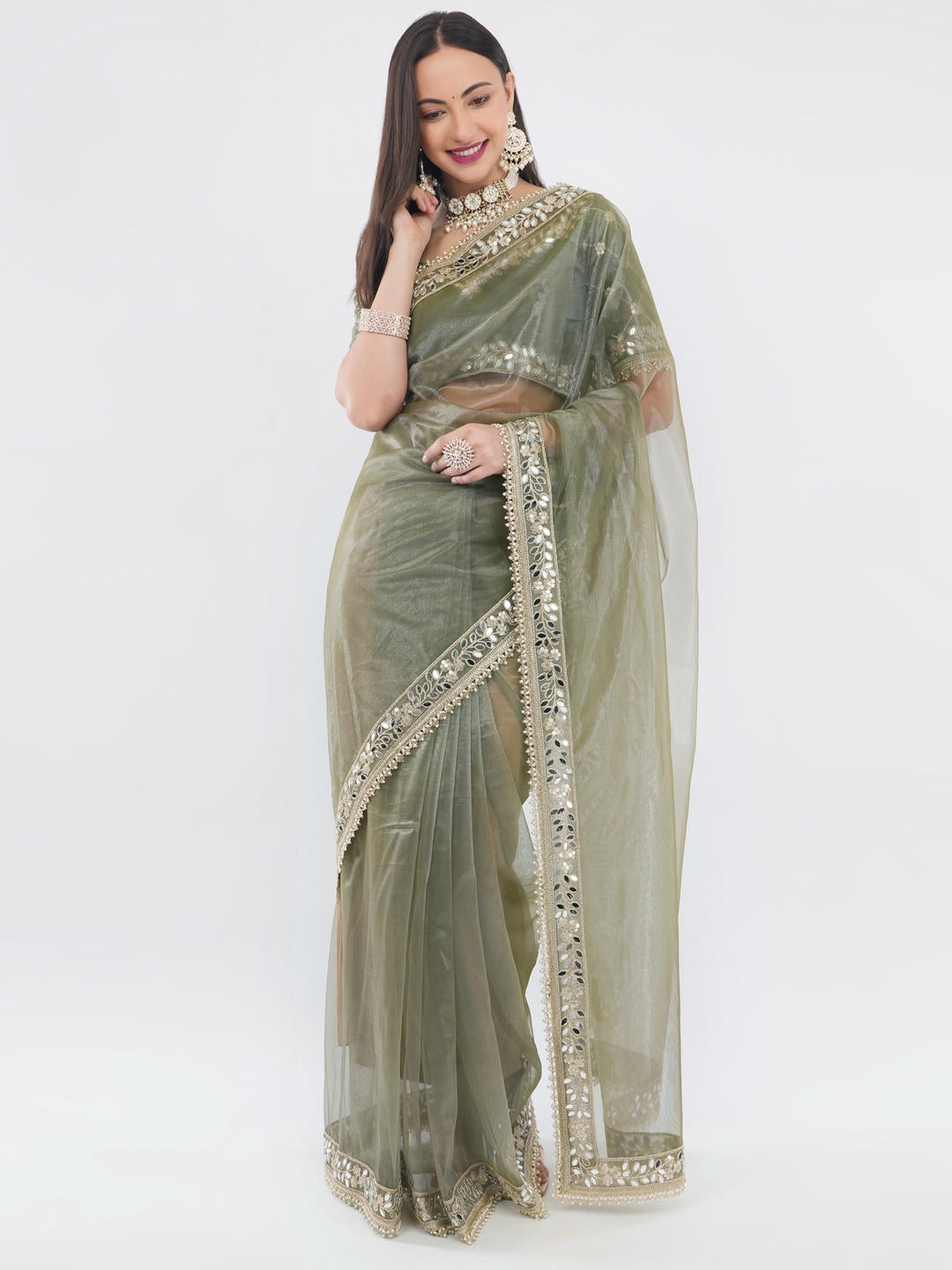 Samantha Mehendi Green Nettwill Net Saree With Elegant Embroidery And Unstitched Blouse Piece For Women Party Wear