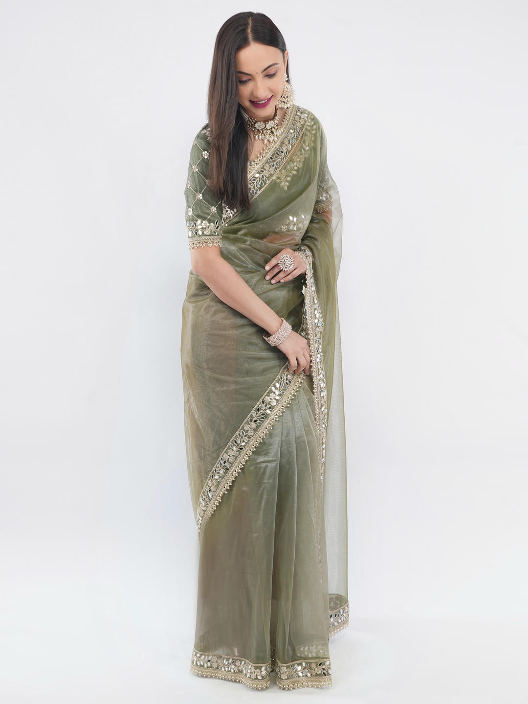 Samantha Mehendi Green Nettwill Net Saree With Elegant Embroidery And Unstitched Blouse Piece For Women Party Wear
