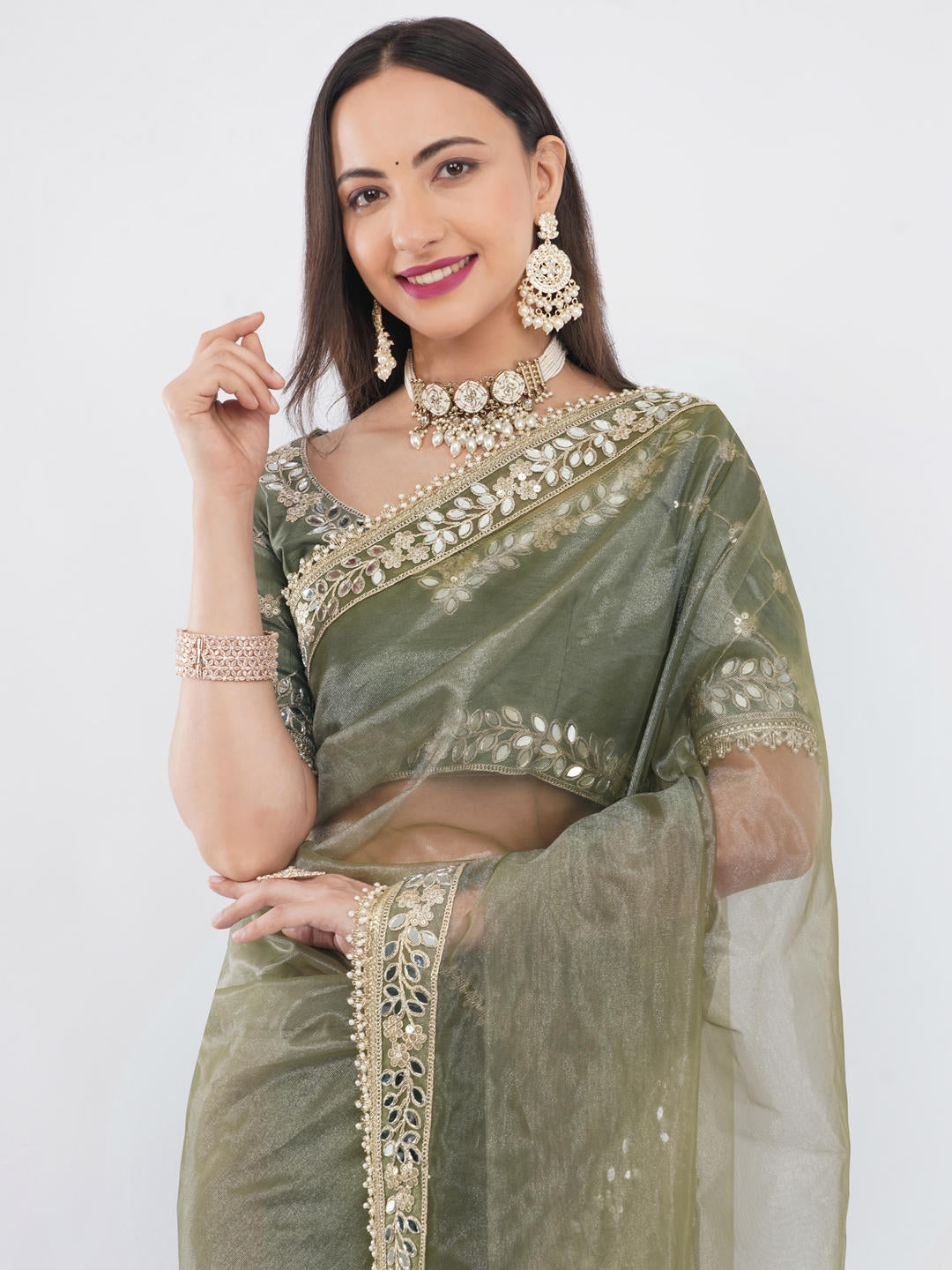 Samantha Mehendi Green Nettwill Net Saree With Elegant Embroidery And Unstitched Blouse Piece For Women Party Wear